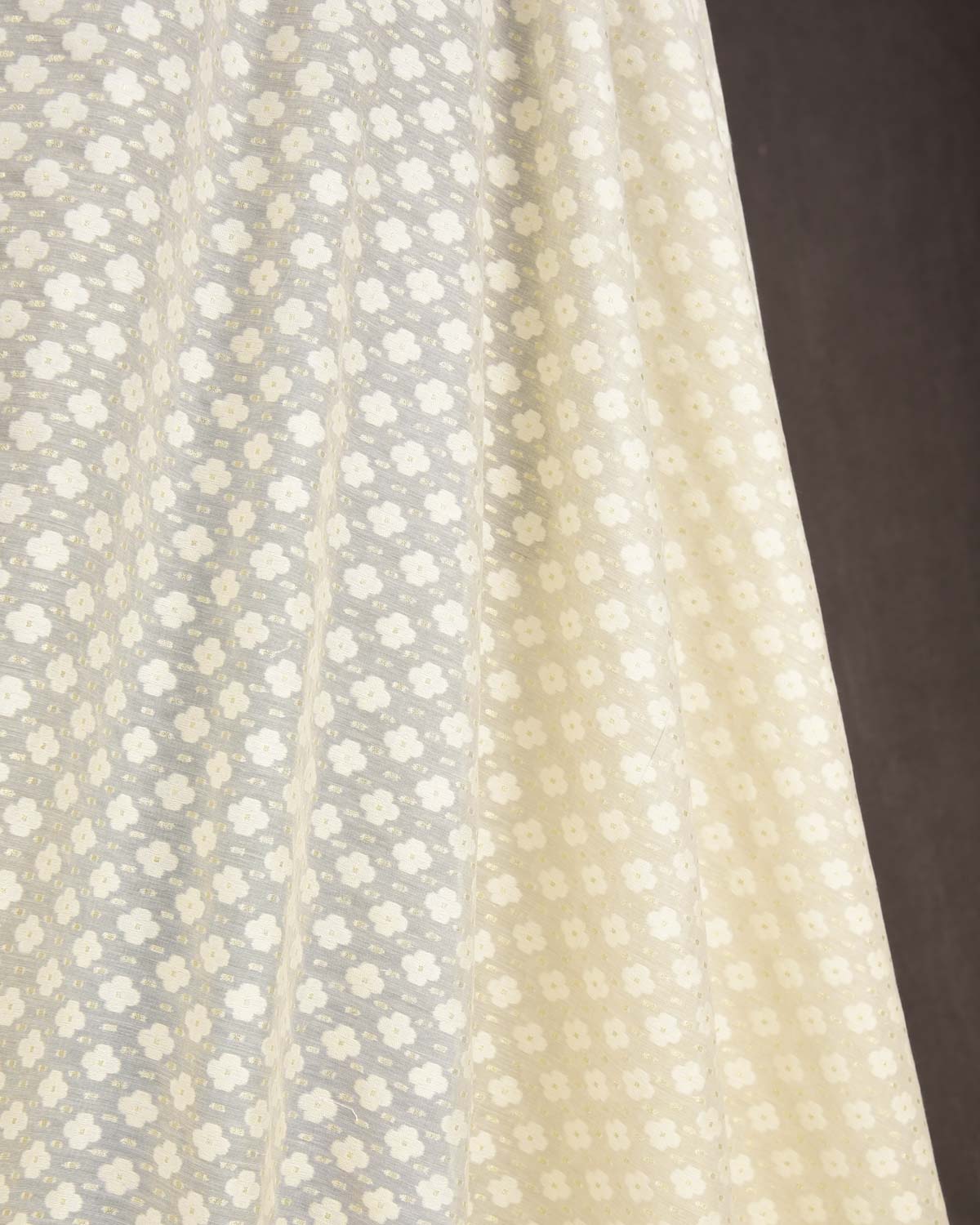 White Silver Zari & Resham Cutwork Brocade Woven Cotton Silk Banarasi Fabric-HolyWeaves