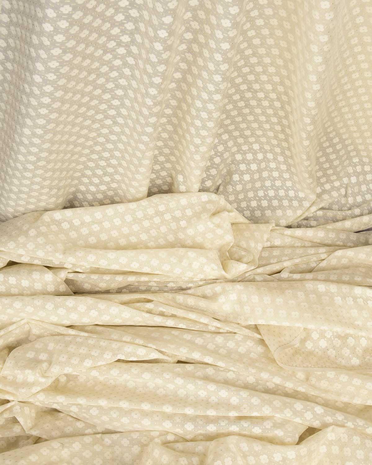 White Silver Zari & Resham Cutwork Brocade Woven Cotton Silk Banarasi Fabric-HolyWeaves