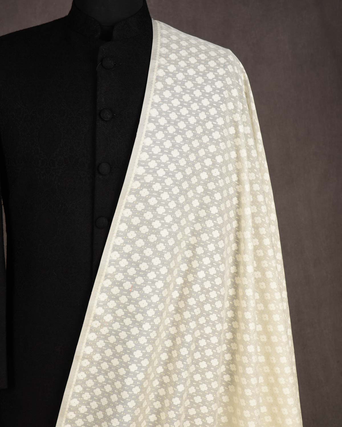 White Silver Zari & Resham Cutwork Brocade Woven Cotton Silk Banarasi Fabric-HolyWeaves