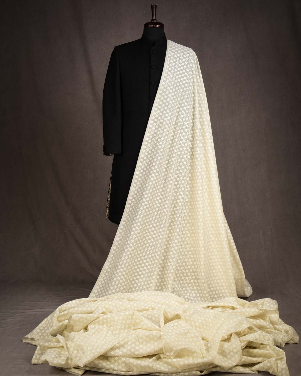 White Silver Zari & Resham Cutwork Brocade Woven Cotton Silk Banarasi Fabric-HolyWeaves