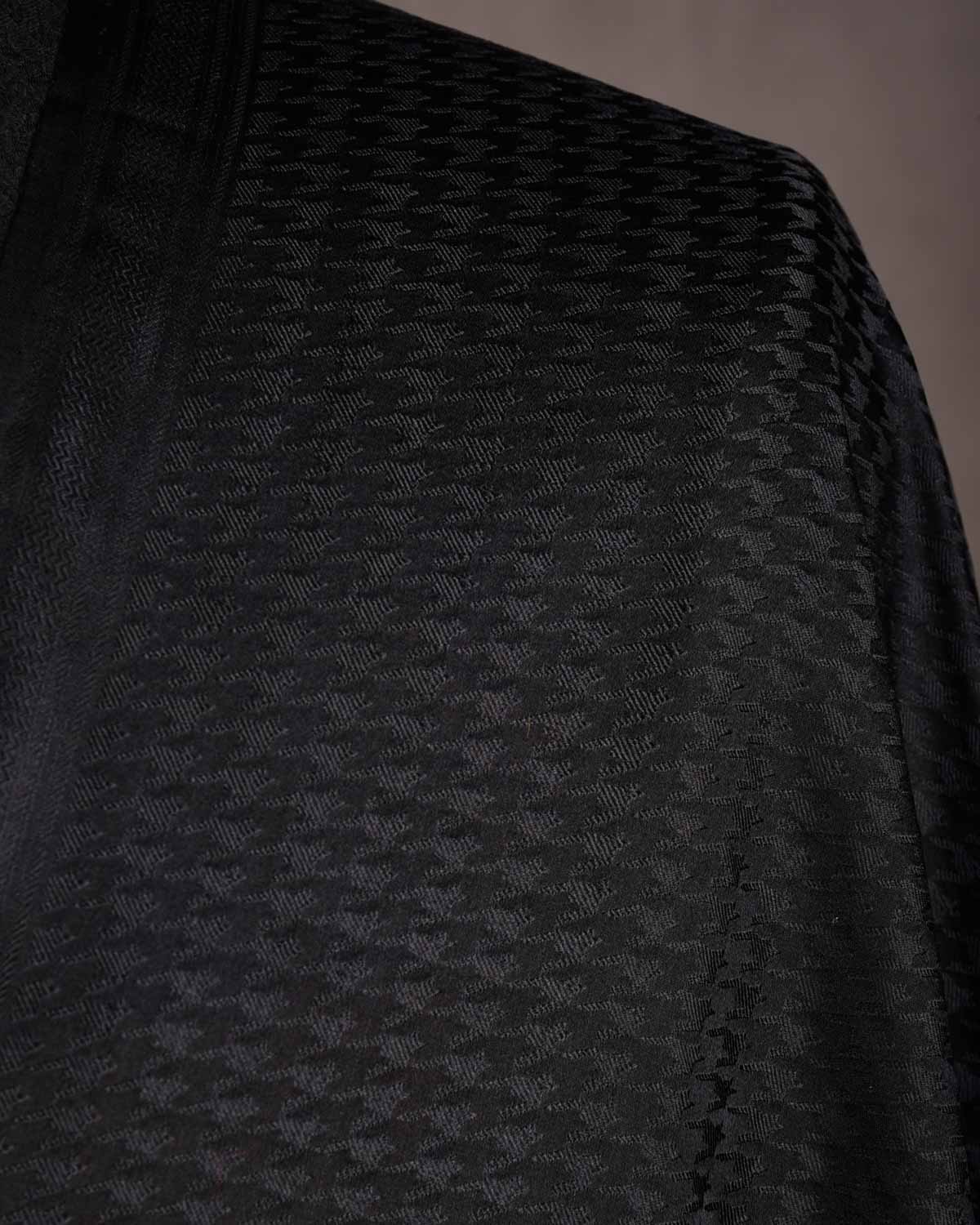 Black Satin Houndstooth Tanchoi Handwoven Katan Silk Fabric-HolyWeaves
