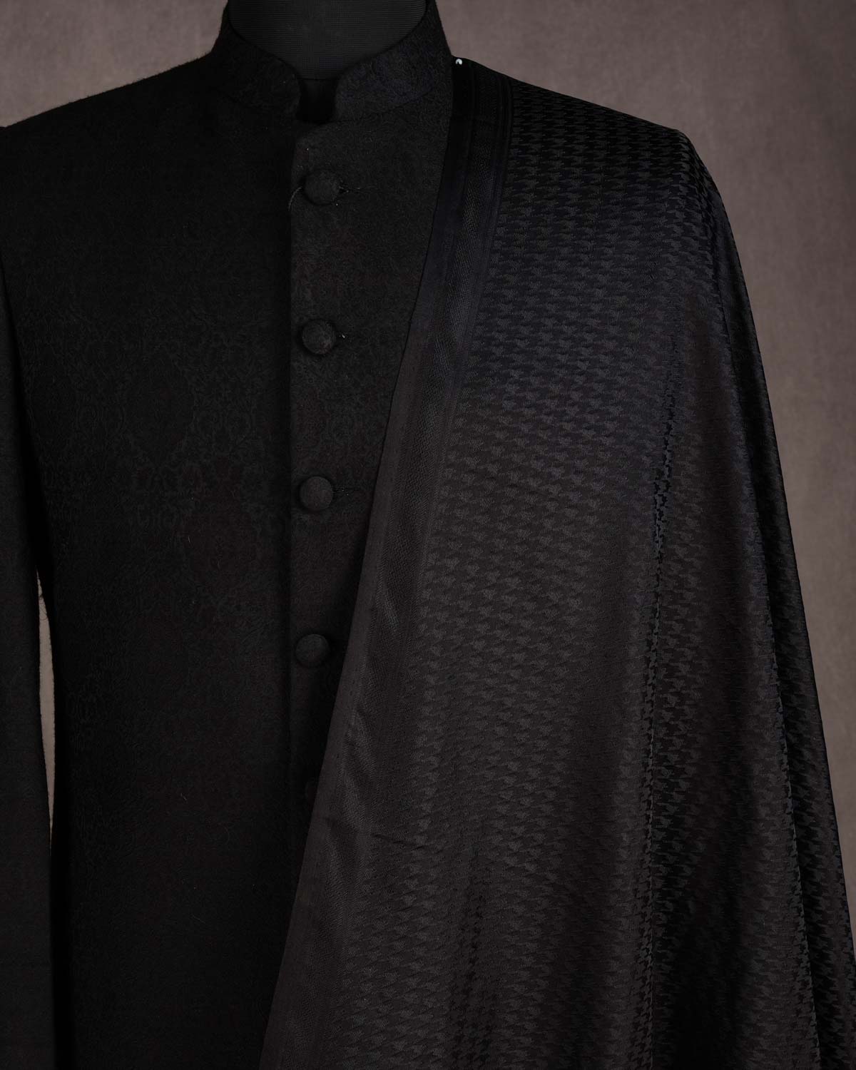 Black Satin Houndstooth Tanchoi Handwoven Katan Silk Fabric-HolyWeaves