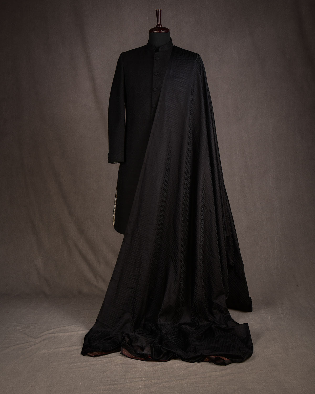 Black Satin Houndstooth Tanchoi Handwoven Katan Silk Fabric-HolyWeaves