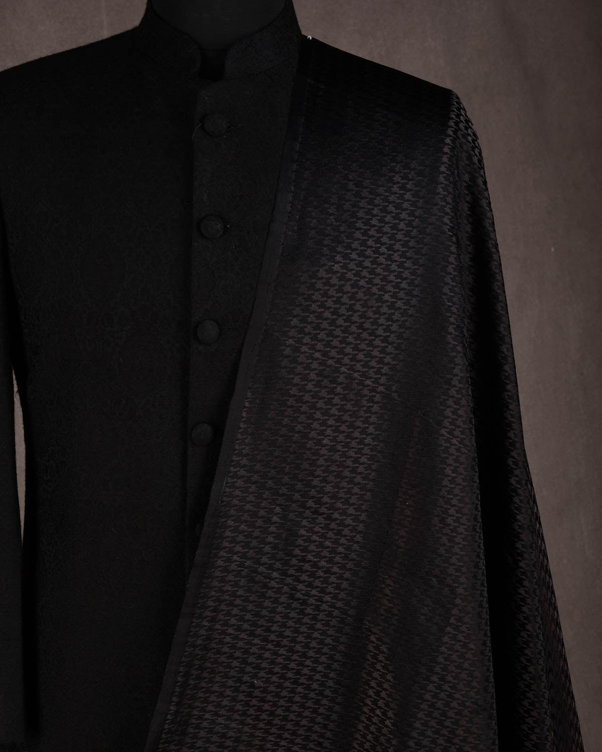 Metallic Black Satin Houndstooth Tanchoi Handwoven Katan Silk Fabric-HolyWeaves