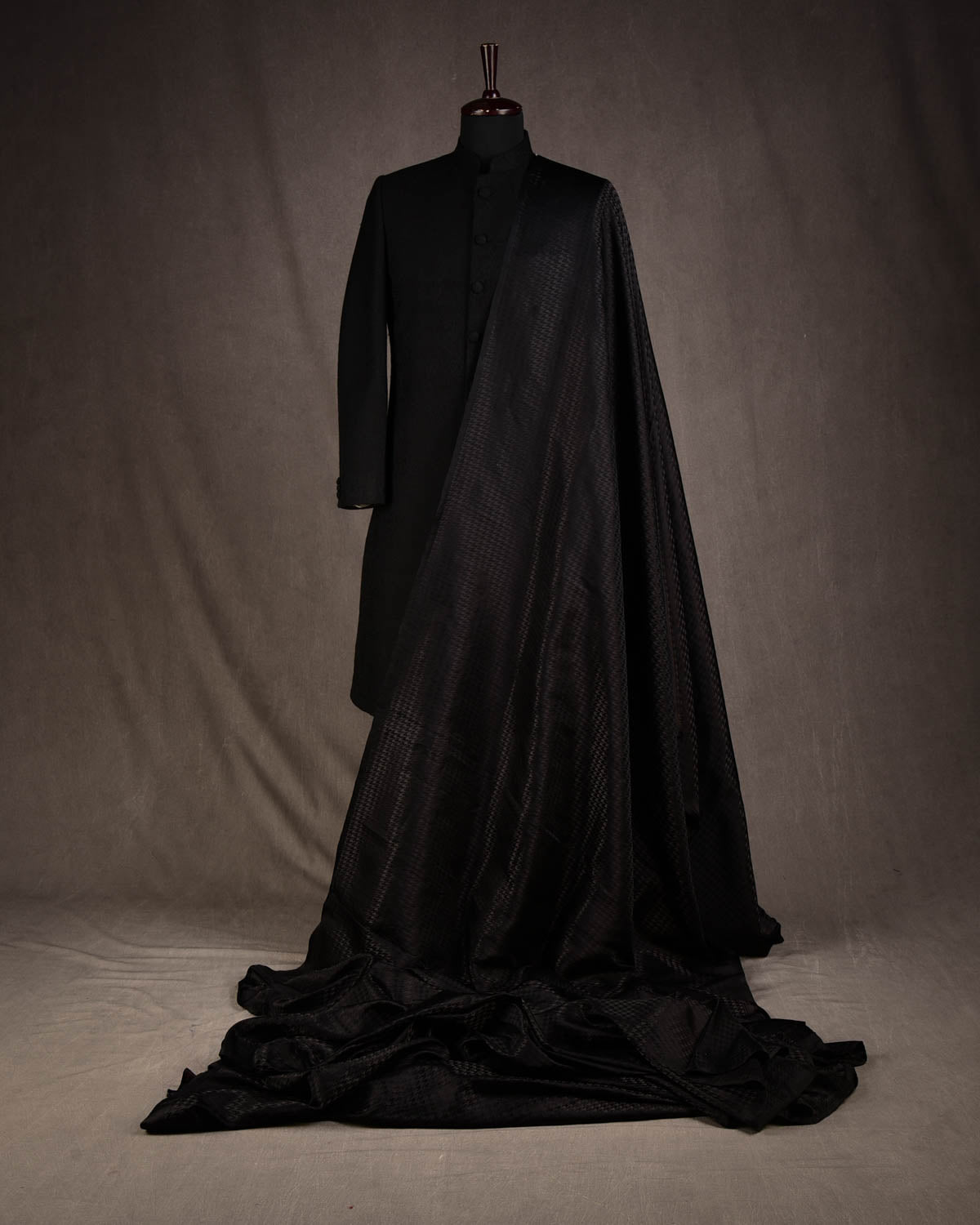 Metallic Black Satin Houndstooth Tanchoi Handwoven Katan Silk Fabric-HolyWeaves