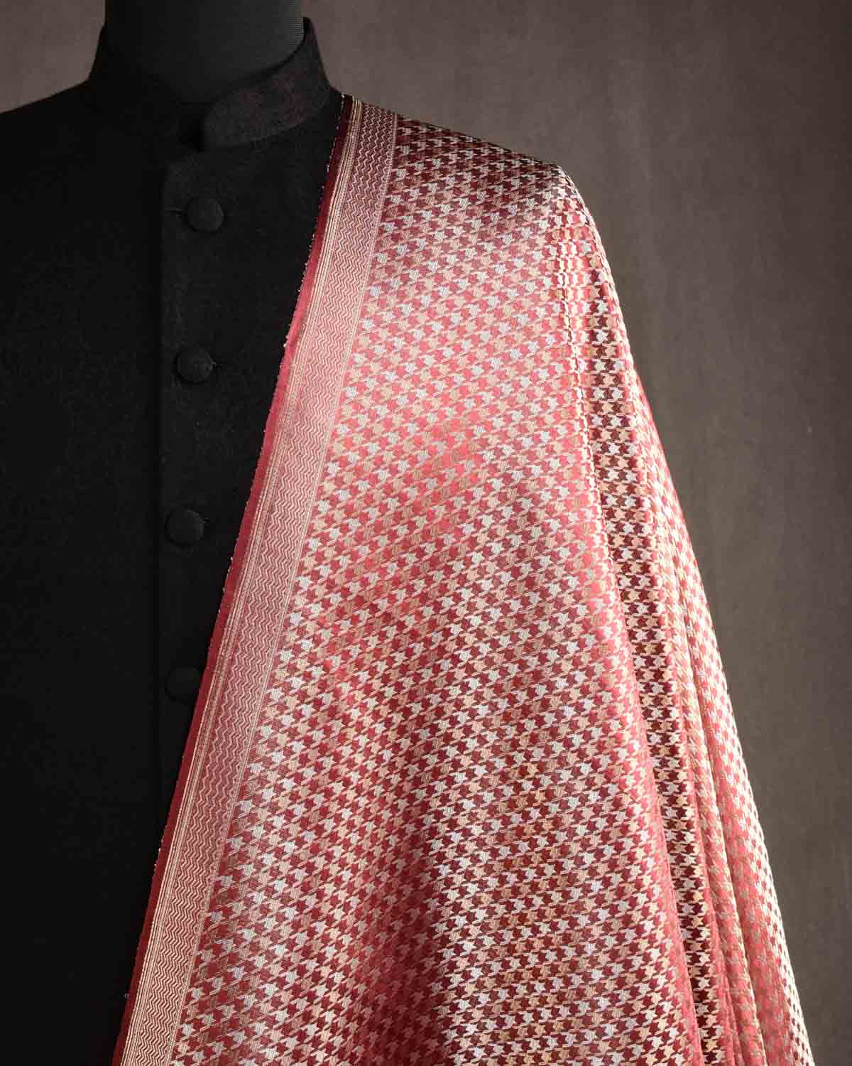 Metallic Garnet Gold & Silver Zari Houndstooth Satin Tanchoi Handwoven Katan Silk Banarasi Fabric-HolyWeaves