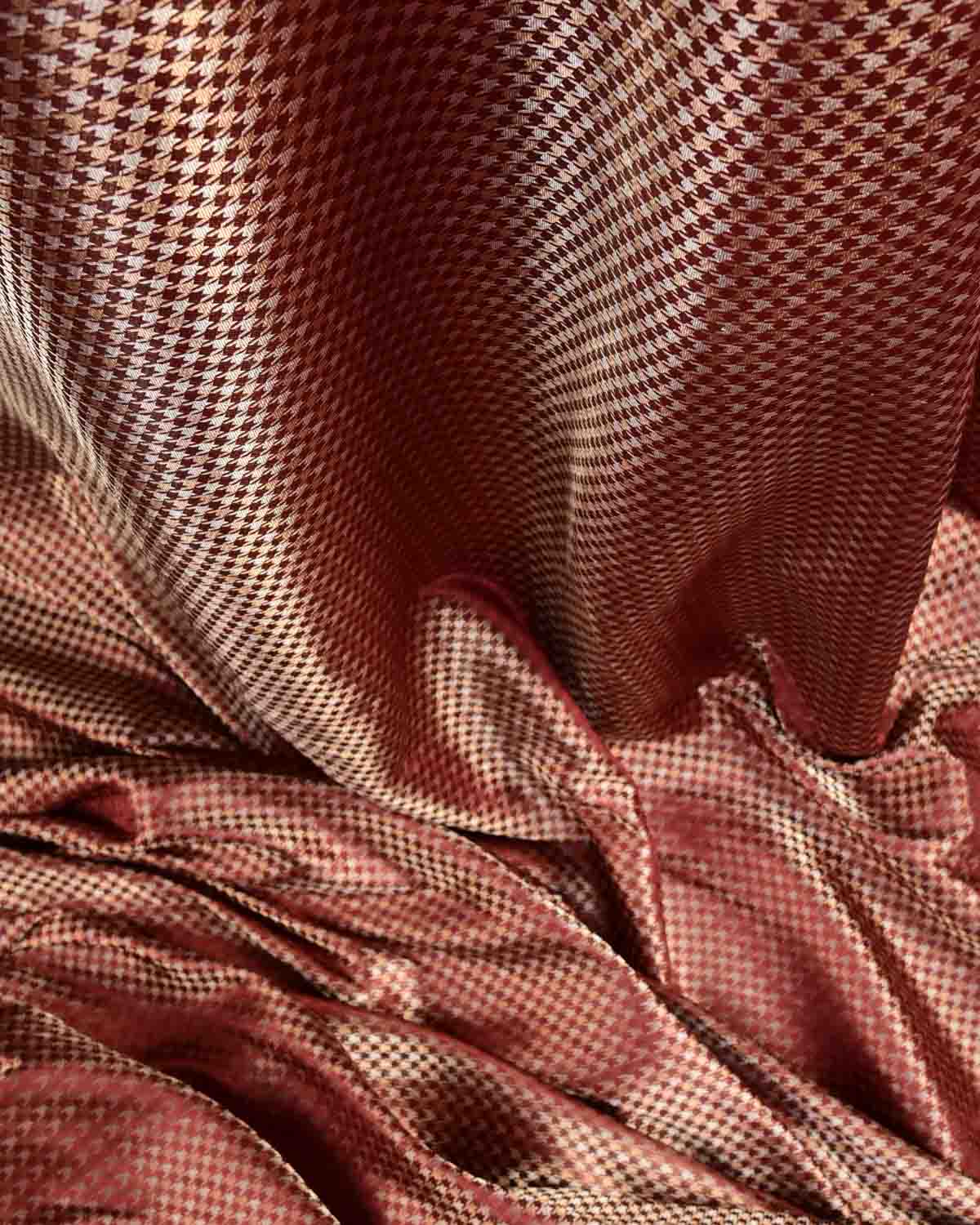 Metallic Garnet Gold & Silver Zari Houndstooth Satin Tanchoi Handwoven Katan Silk Banarasi Fabric-HolyWeaves
