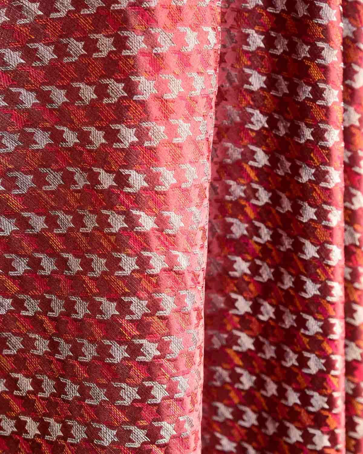 Garnet Silver Zari & Multicolor Houndstooth Satin Tanchoi Handwoven Katan Silk Banarasi Fabric-HolyWeaves