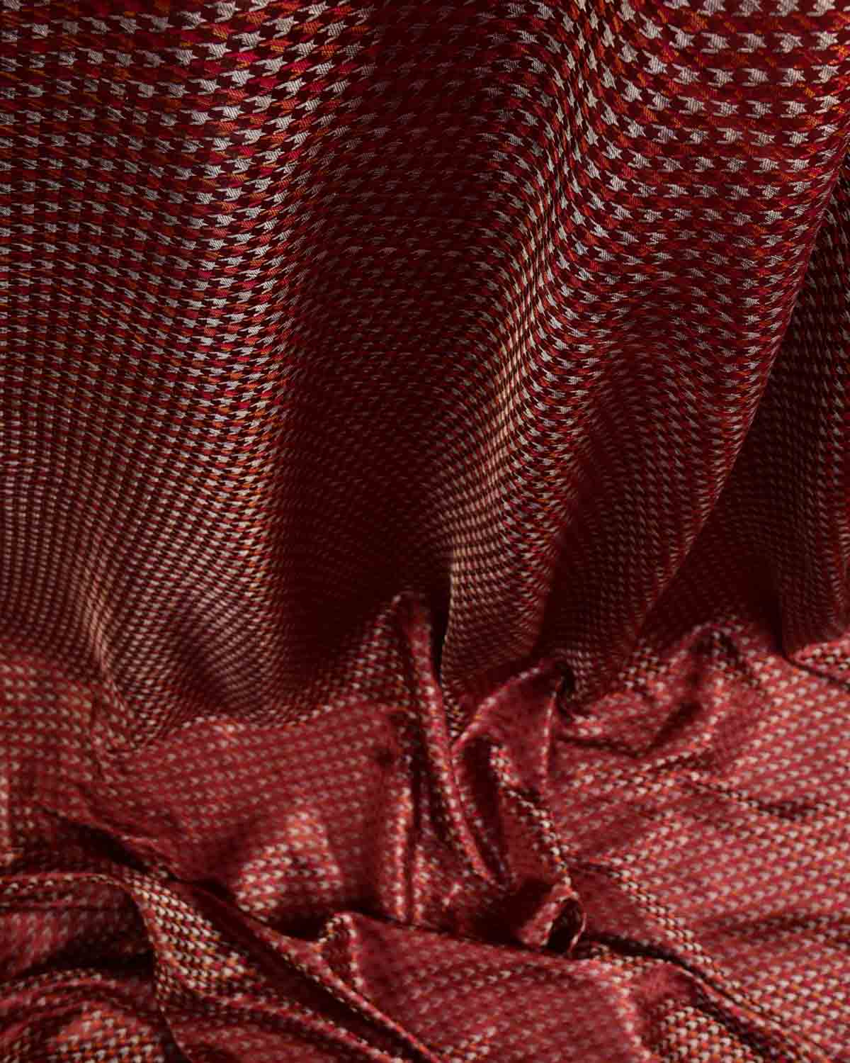 Garnet Silver Zari & Multicolor Houndstooth Satin Tanchoi Handwoven Katan Silk Banarasi Fabric-HolyWeaves