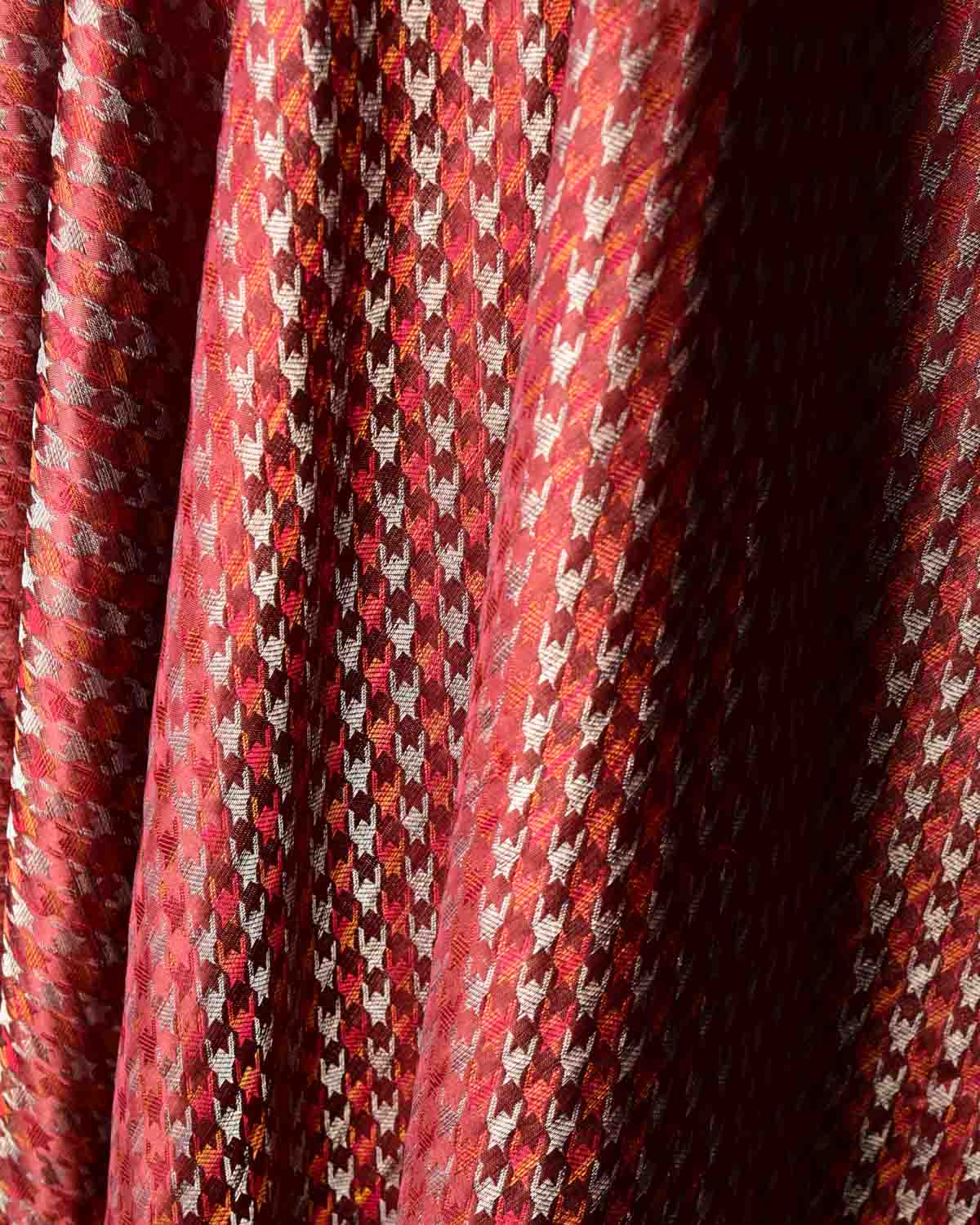 Garnet Silver Zari & Multicolor Houndstooth Satin Tanchoi Handwoven Katan Silk Banarasi Fabric-HolyWeaves