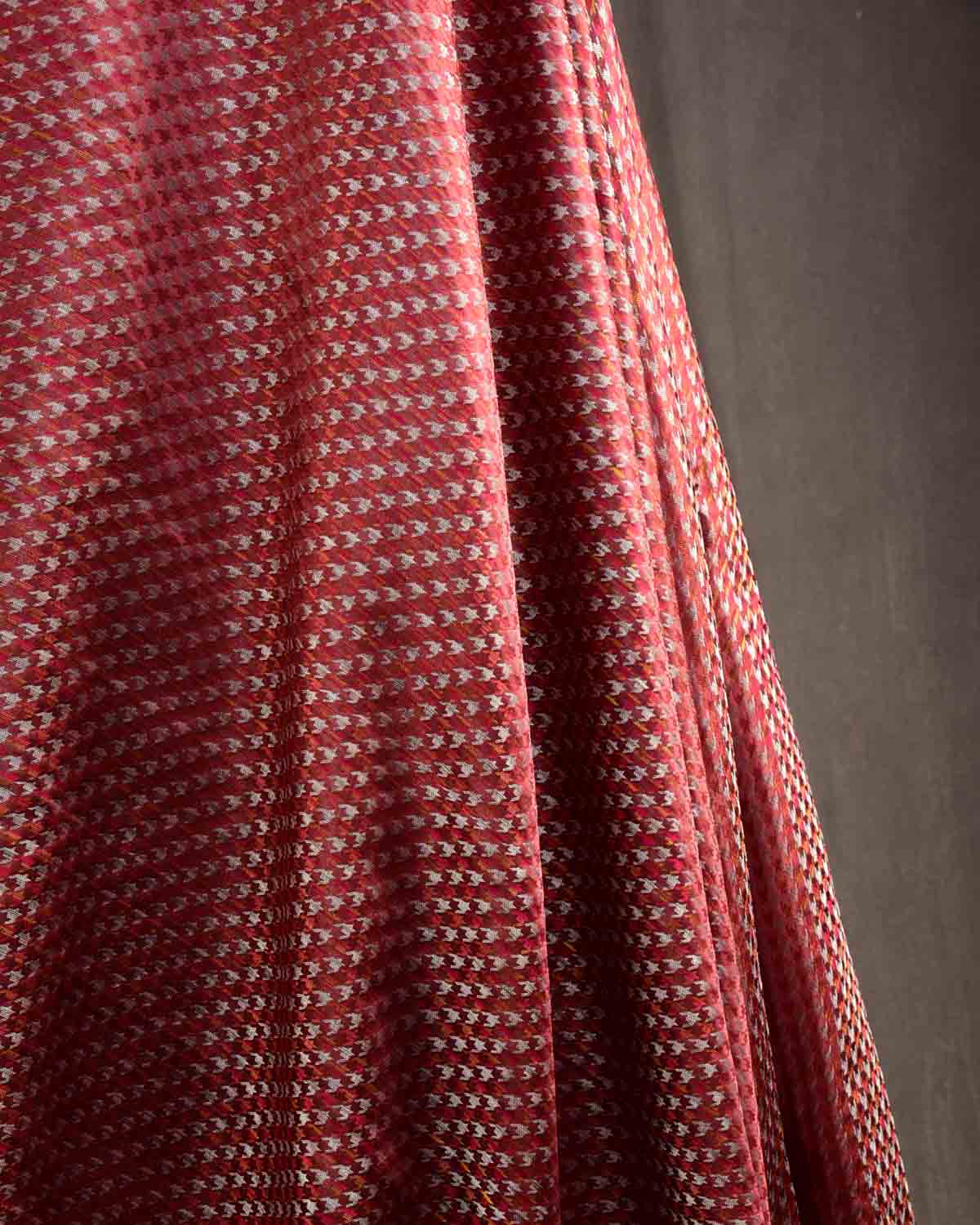Garnet Silver Zari & Multicolor Houndstooth Satin Tanchoi Handwoven Katan Silk Banarasi Fabric-HolyWeaves