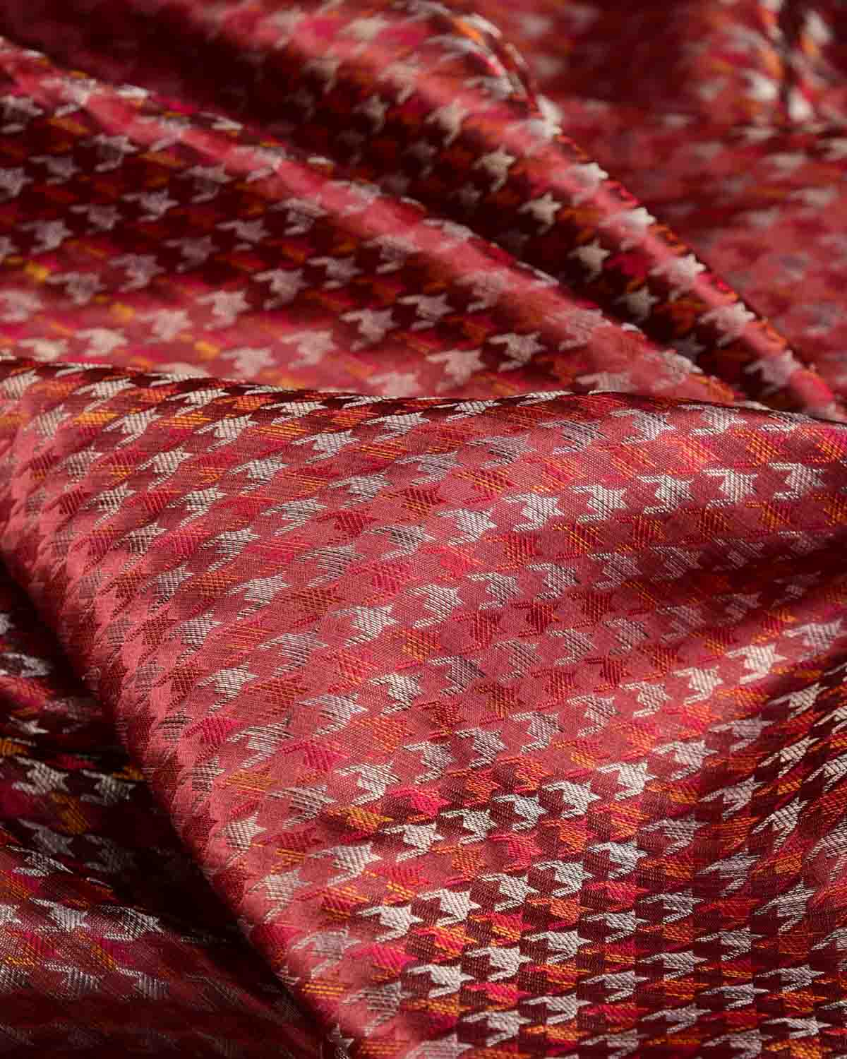 Garnet Silver Zari & Multicolor Houndstooth Satin Tanchoi Handwoven Katan Silk Banarasi Fabric-HolyWeaves