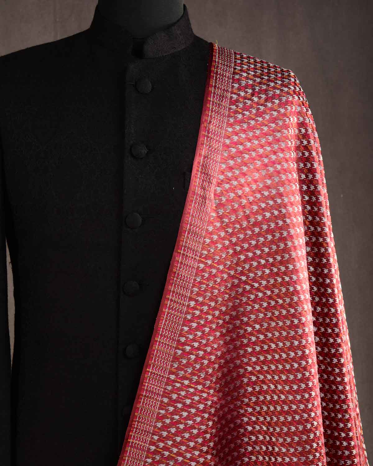 Garnet Silver Zari & Multicolor Houndstooth Satin Tanchoi Handwoven Katan Silk Banarasi Fabric-HolyWeaves