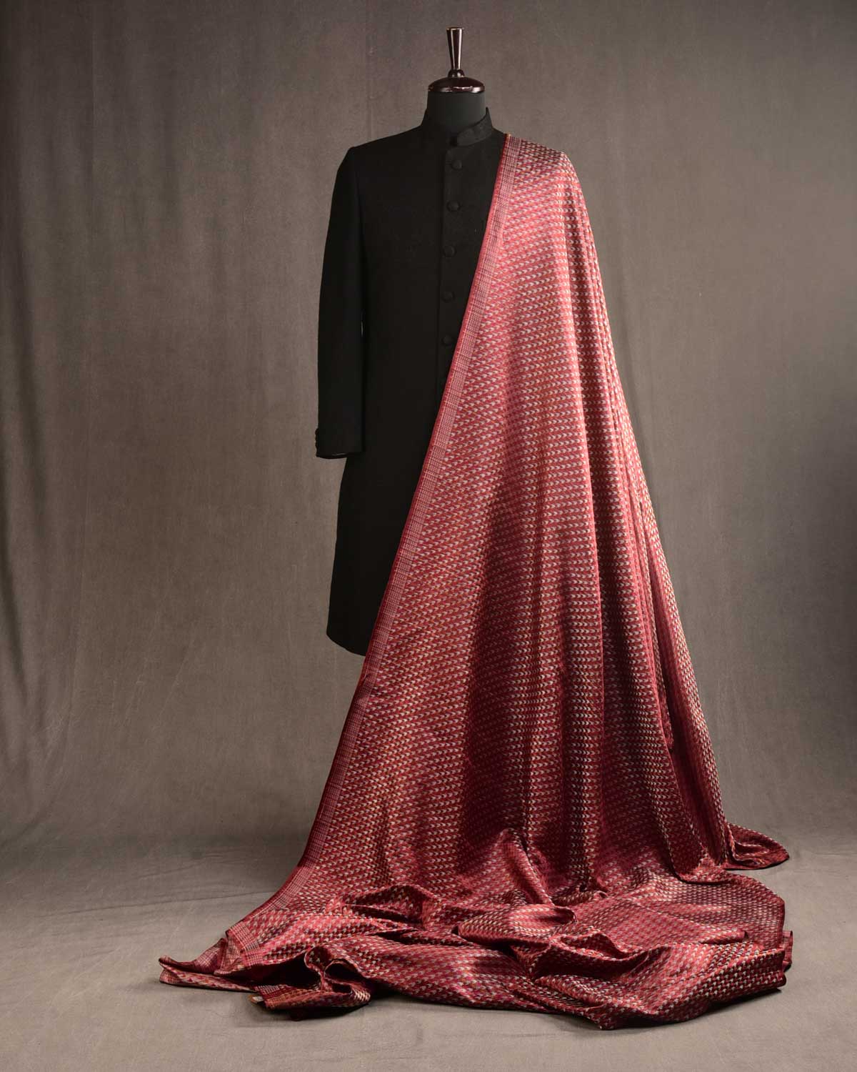 Garnet Silver Zari & Multicolor Houndstooth Satin Tanchoi Handwoven Katan Silk Banarasi Fabric-HolyWeaves