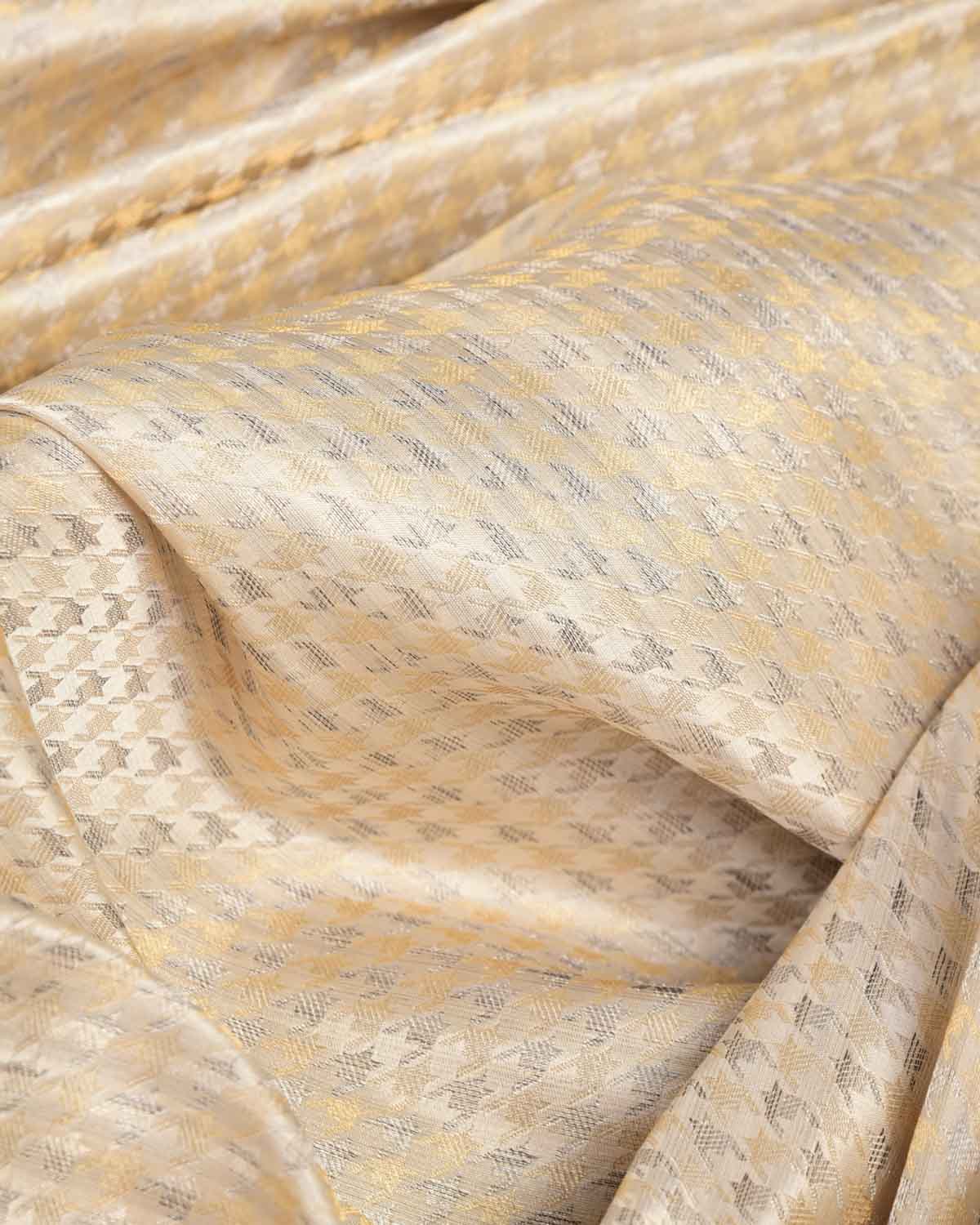 Cream Gold & Variegated Silver Zari Satin Tanchoi Brocade Handwoven Katan Silk Banarasi Fabric-HolyWeaves