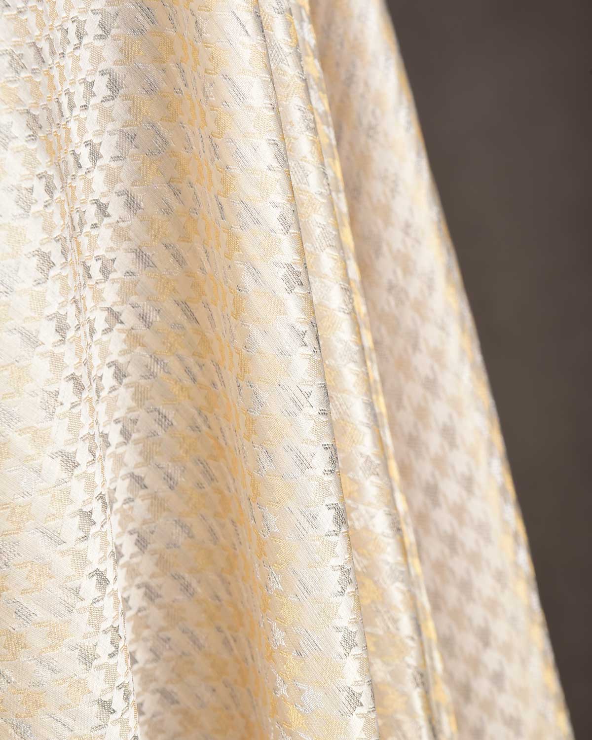 Cream Gold & Variegated Silver Zari Satin Tanchoi Brocade Handwoven Katan Silk Banarasi Fabric-HolyWeaves