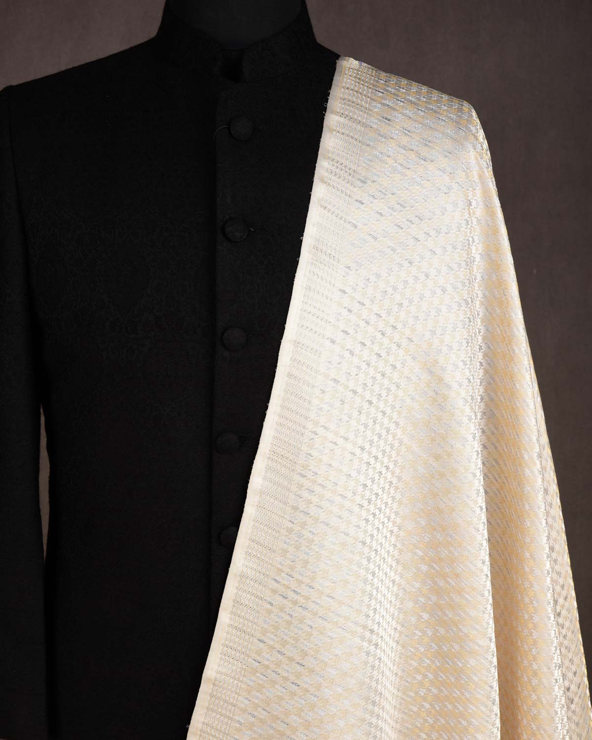 Cream Gold & Variegated Silver Zari Satin Tanchoi Brocade Handwoven Katan Silk Banarasi Fabric-HolyWeaves