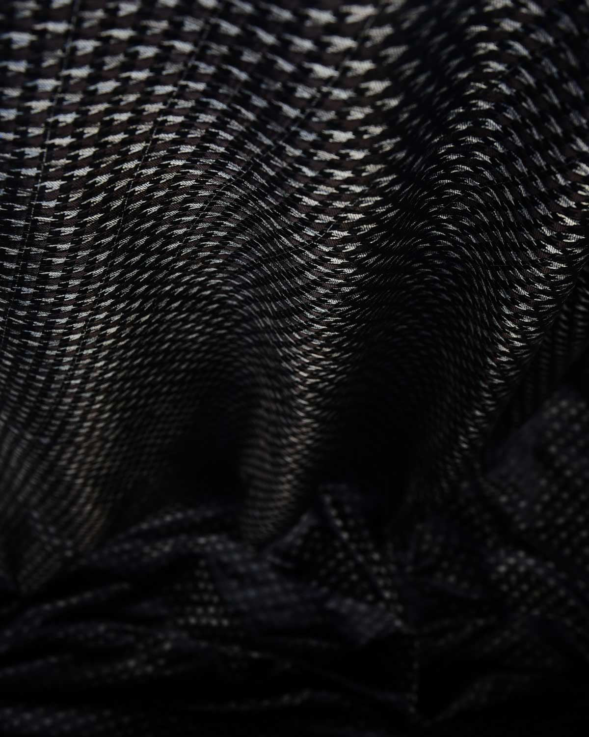 Variegated Black Houndstooth Satin Tanchoi Handwoven Katan Silk Banarasi Fabric-HolyWeaves