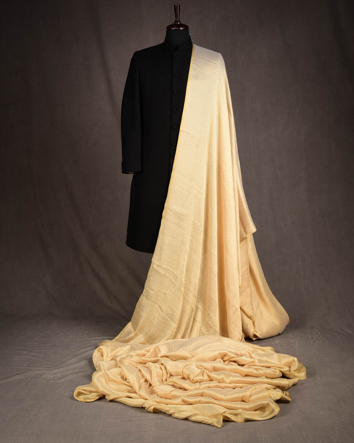 Golden Beige Gold Zari Diagonal Stripes Brocade Woven Muga Silk Fabric-HolyWeaves