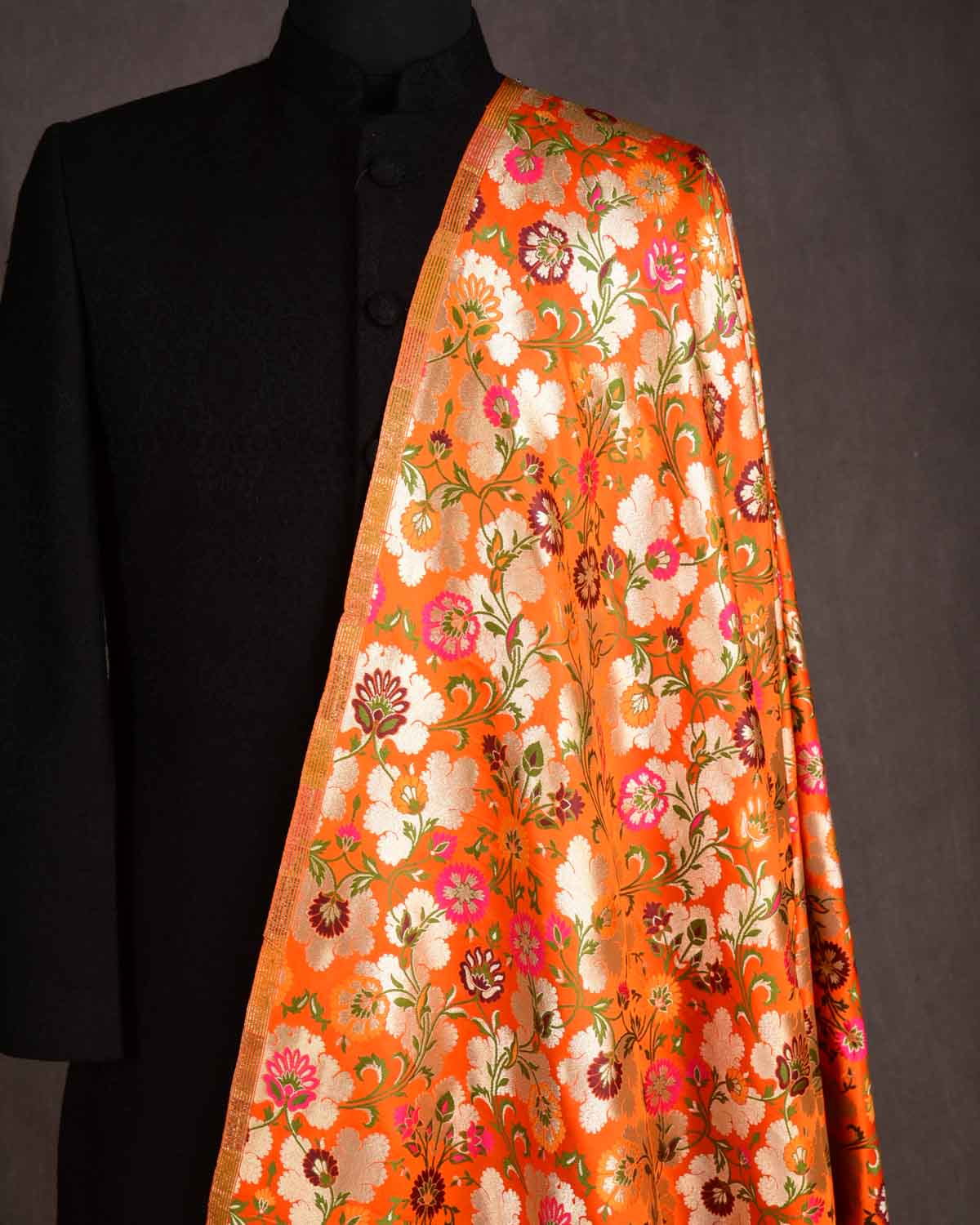 Orange Multi-Color Floral Jaal Satin Kimkhwab Brocade Handwoven Viscose Silk Banarasi Fabric-HolyWeaves