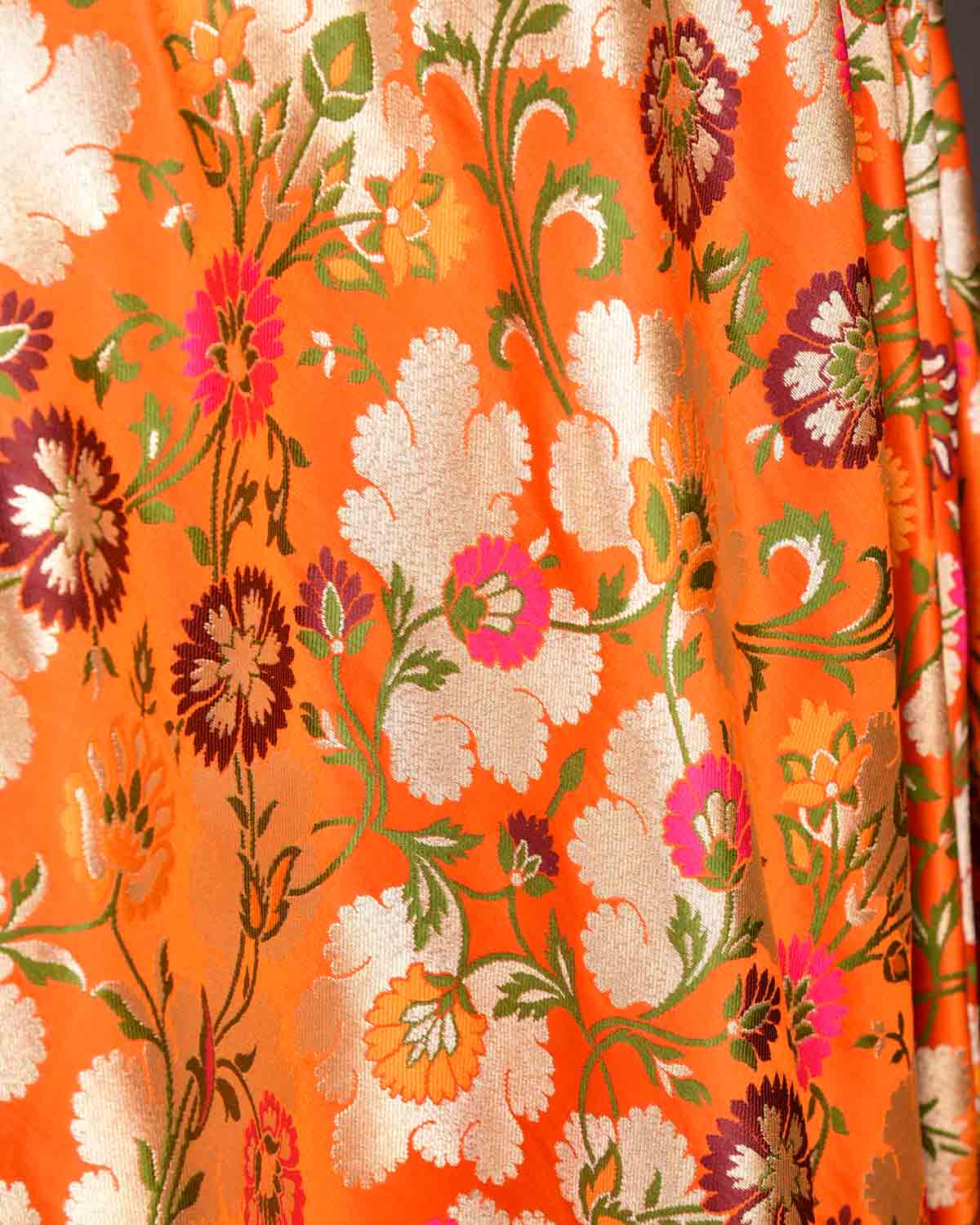 Orange Multi-Color Floral Jaal Satin Kimkhwab Brocade Handwoven Viscose Silk Banarasi Fabric-HolyWeaves