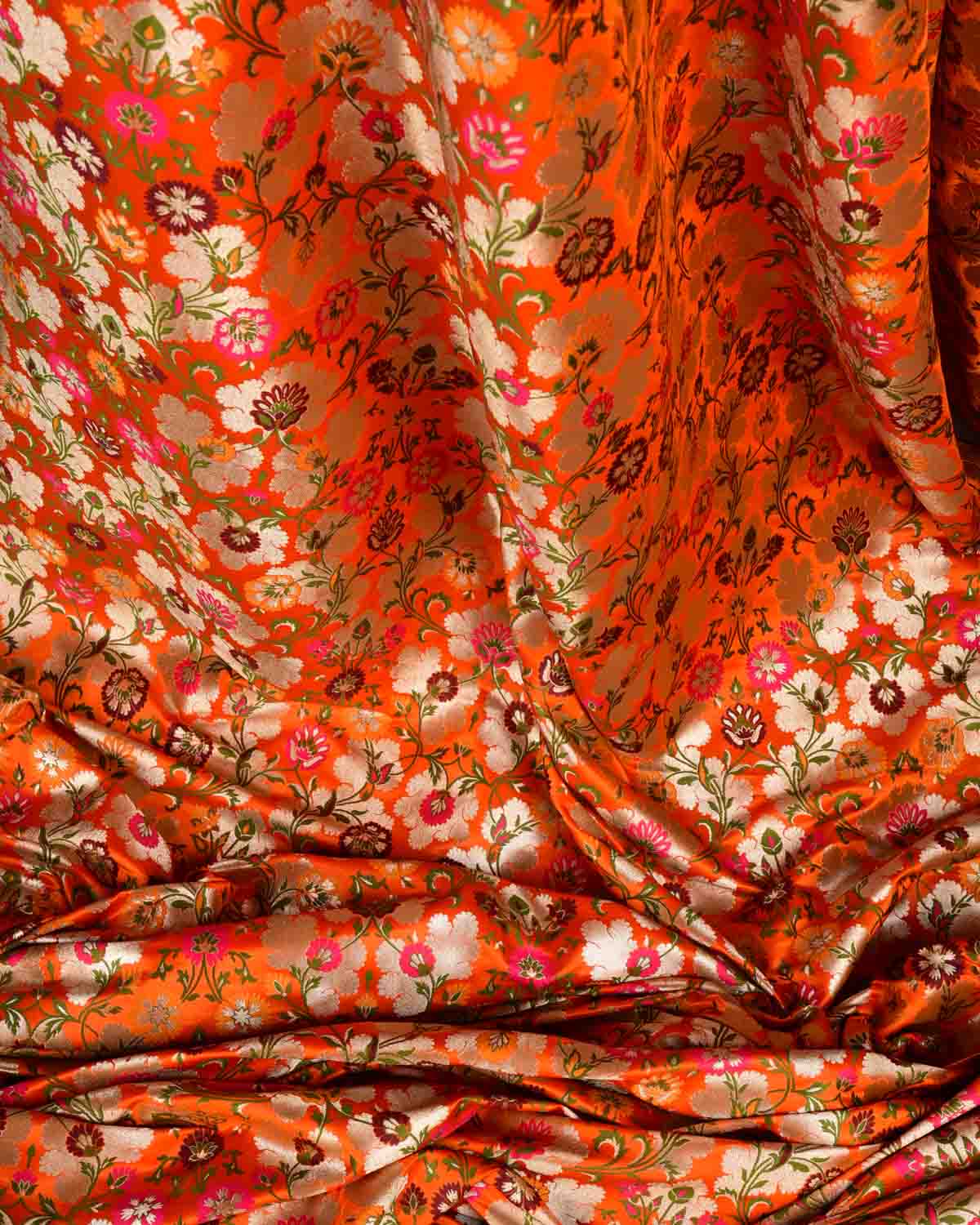 Orange Multi-Color Floral Jaal Satin Kimkhwab Brocade Handwoven Viscose Silk Banarasi Fabric-HolyWeaves