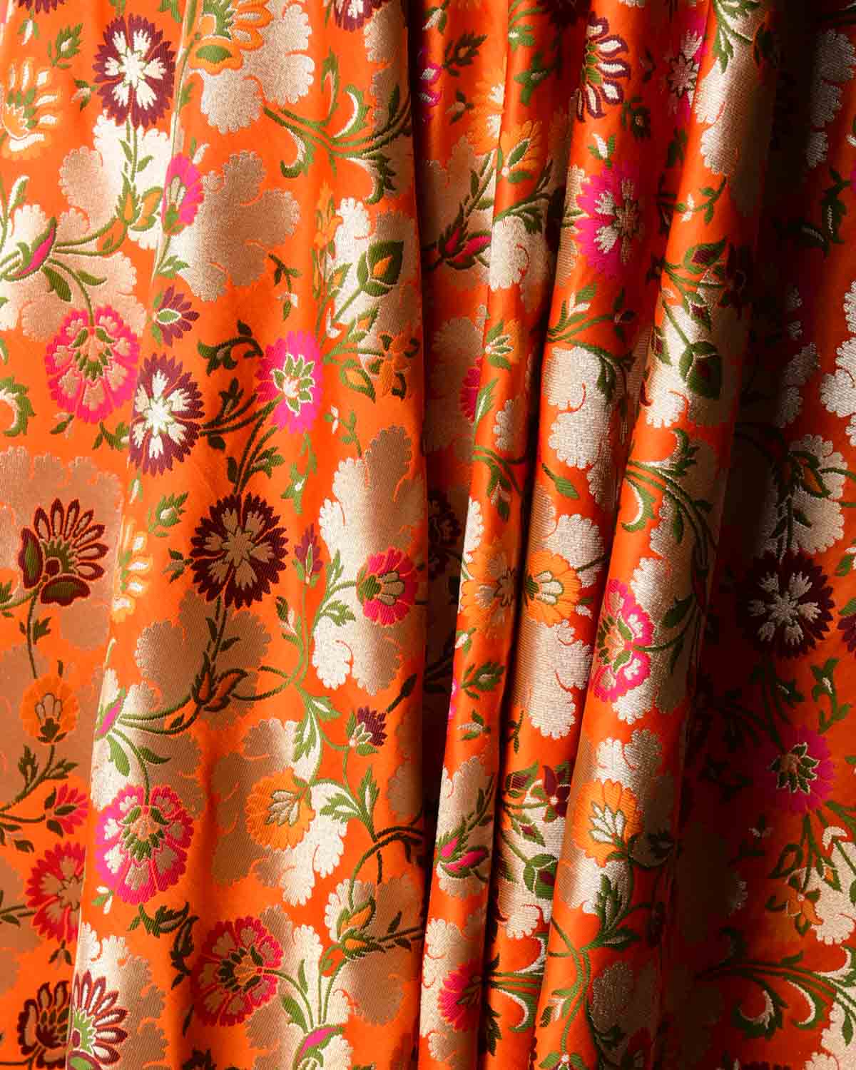 Orange Multi-Color Floral Jaal Satin Kimkhwab Brocade Handwoven Viscose Silk Banarasi Fabric-HolyWeaves