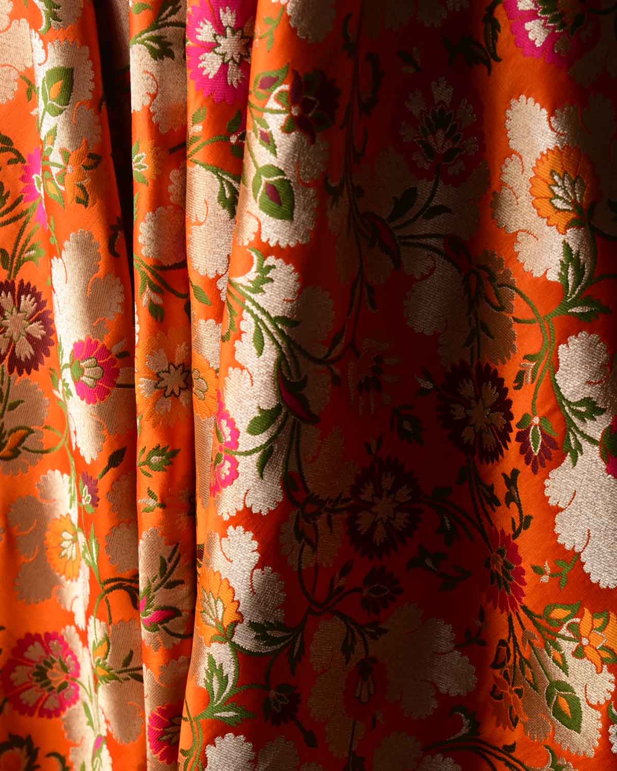 Orange Multi-Color Floral Jaal Satin Kimkhwab Brocade Handwoven Viscose Silk Banarasi Fabric-HolyWeaves