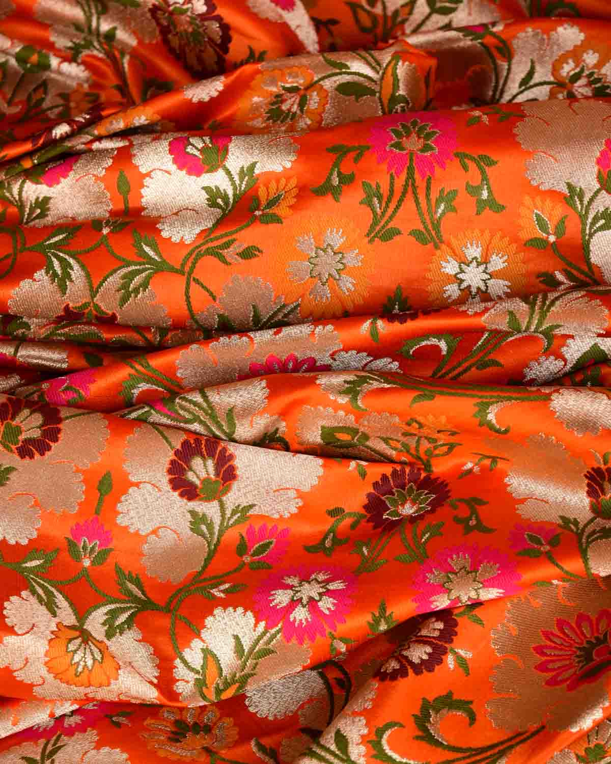 Orange Multi-Color Floral Jaal Satin Kimkhwab Brocade Handwoven Viscose Silk Banarasi Fabric-HolyWeaves