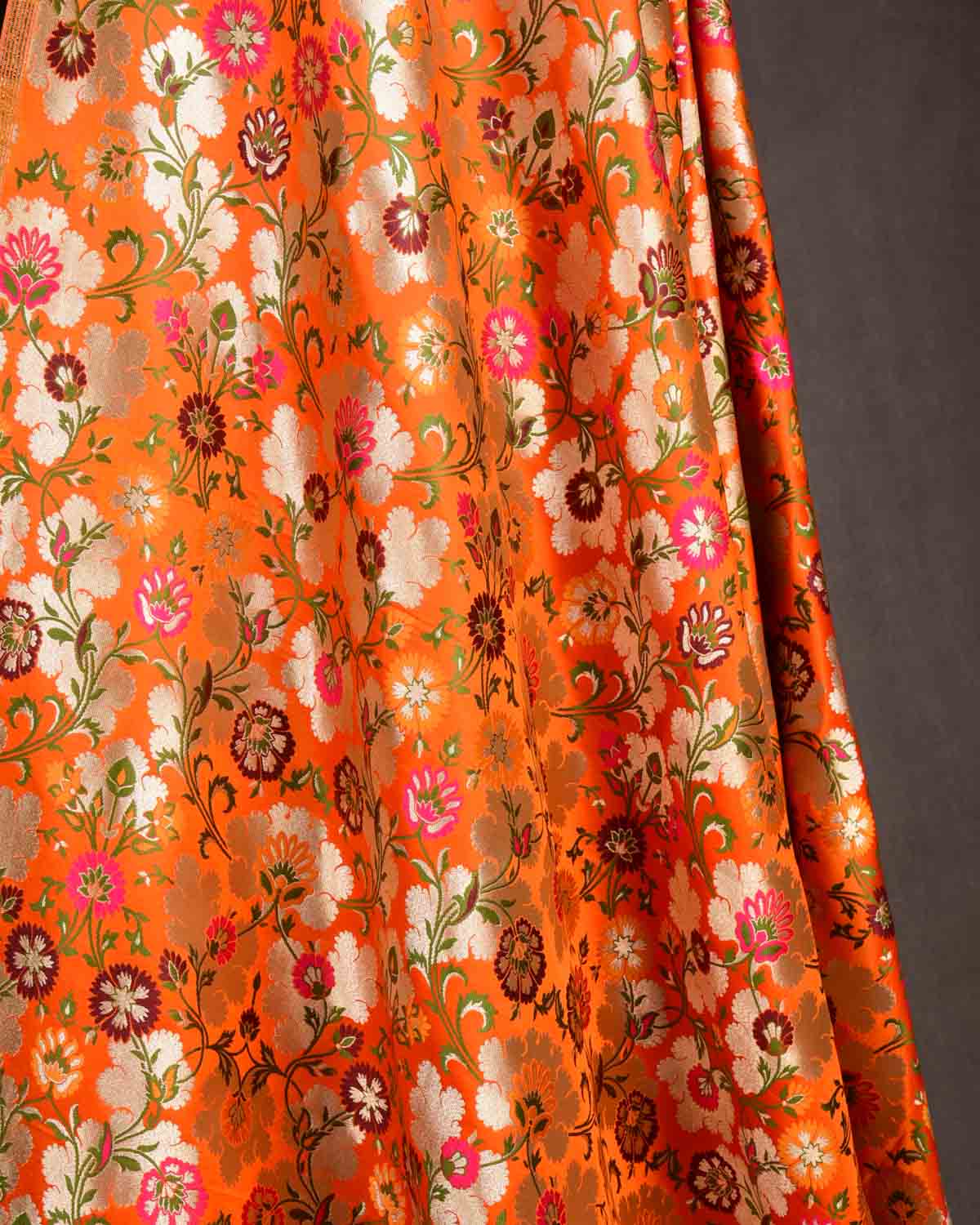 Orange Multi-Color Floral Jaal Satin Kimkhwab Brocade Handwoven Viscose Silk Banarasi Fabric-HolyWeaves