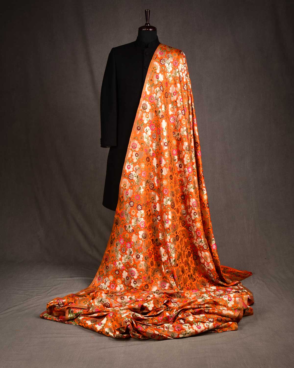 Orange Multi-Color Floral Jaal Satin Kimkhwab Brocade Handwoven Viscose Silk Banarasi Fabric-HolyWeaves