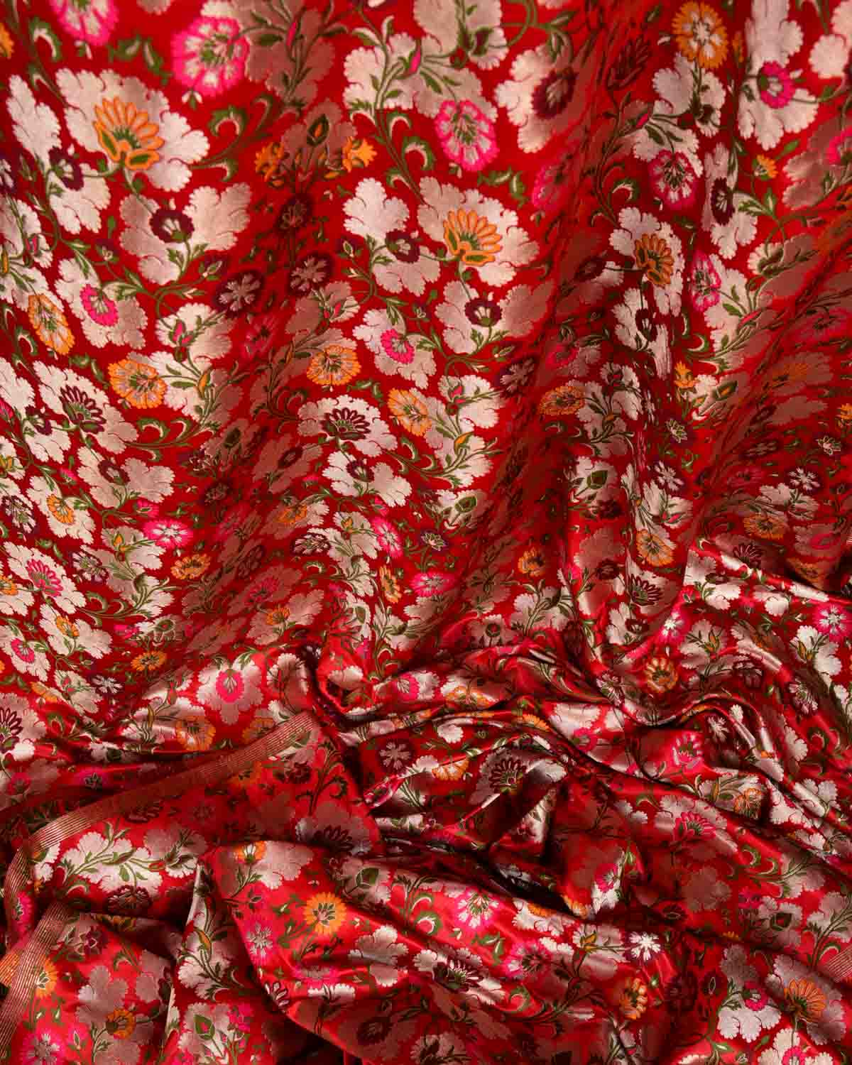 Red Multi-Color Floral Jaal Satin Kimkhwab Brocade Handwoven Viscose Silk Banarasi Fabric-HolyWeaves