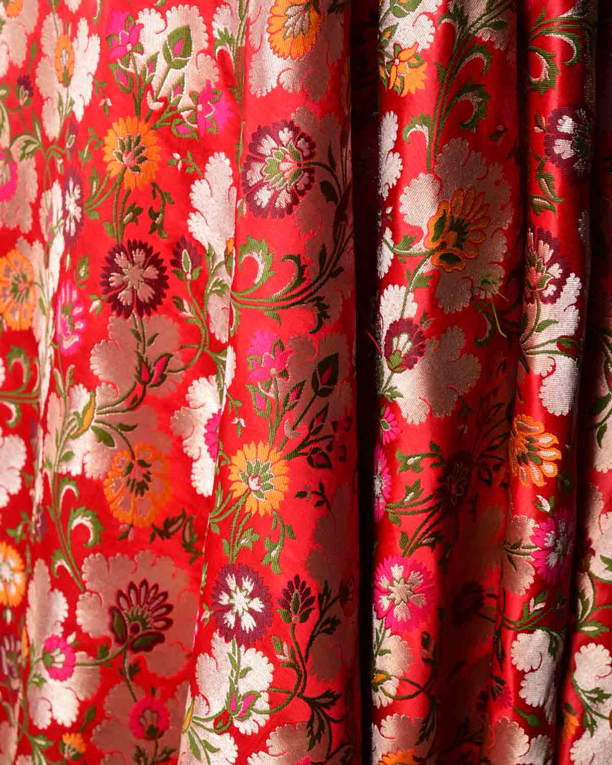 Red Multi-Color Floral Jaal Satin Kimkhwab Brocade Handwoven Viscose Silk Banarasi Fabric-HolyWeaves