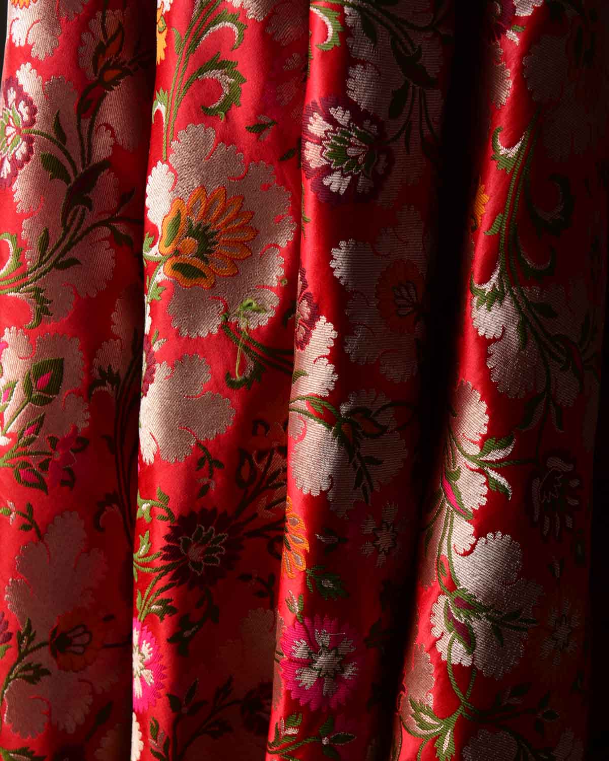 Red Multi-Color Floral Jaal Satin Kimkhwab Brocade Handwoven Viscose Silk Banarasi Fabric-HolyWeaves