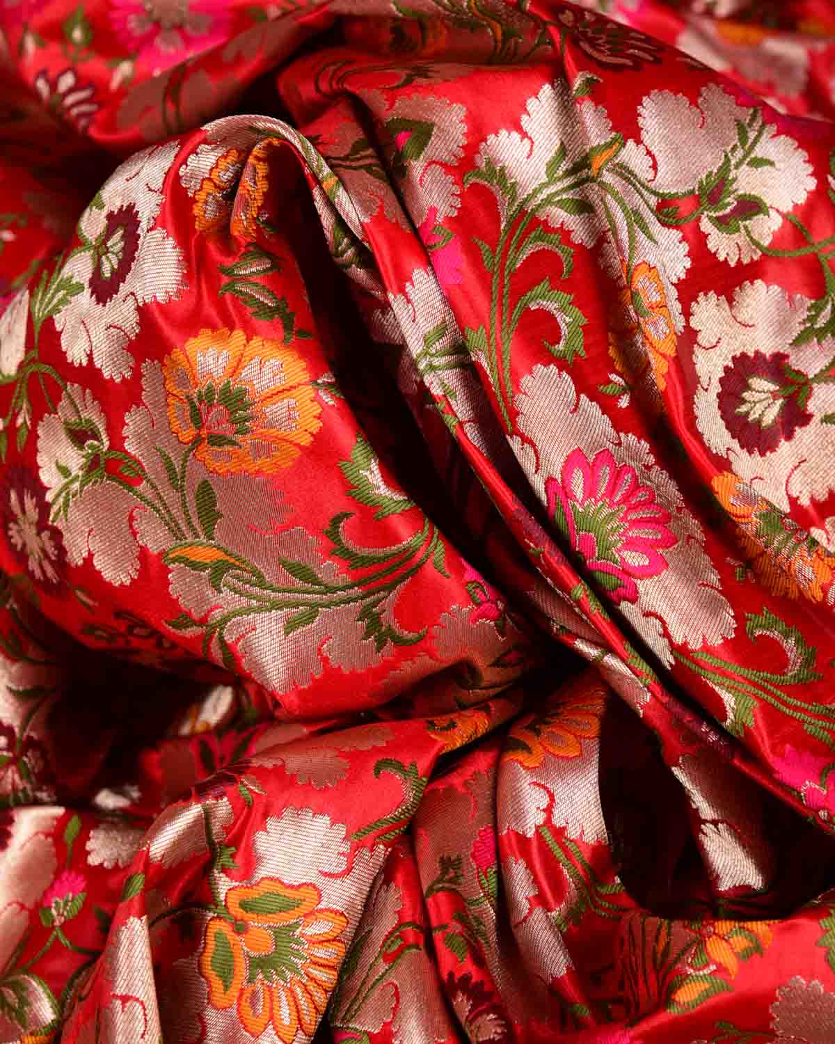 Red Multi-Color Floral Jaal Satin Kimkhwab Brocade Handwoven Viscose Silk Banarasi Fabric-HolyWeaves