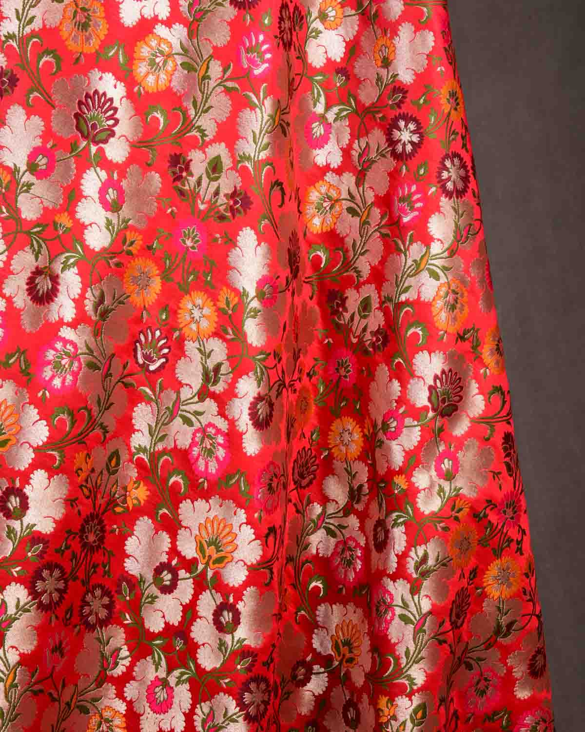 Red Multi-Color Floral Jaal Satin Kimkhwab Brocade Handwoven Viscose Silk Banarasi Fabric-HolyWeaves