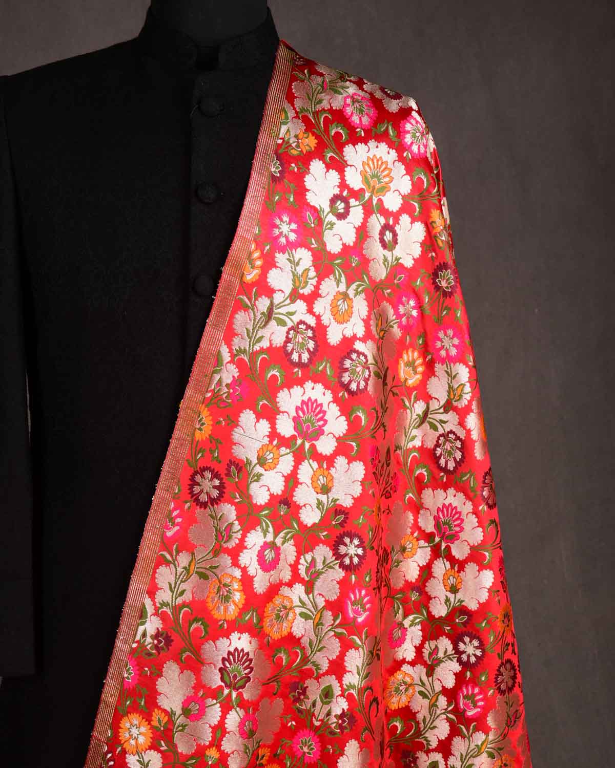 Red Multi-Color Floral Jaal Satin Kimkhwab Brocade Handwoven Viscose Silk Banarasi Fabric-HolyWeaves