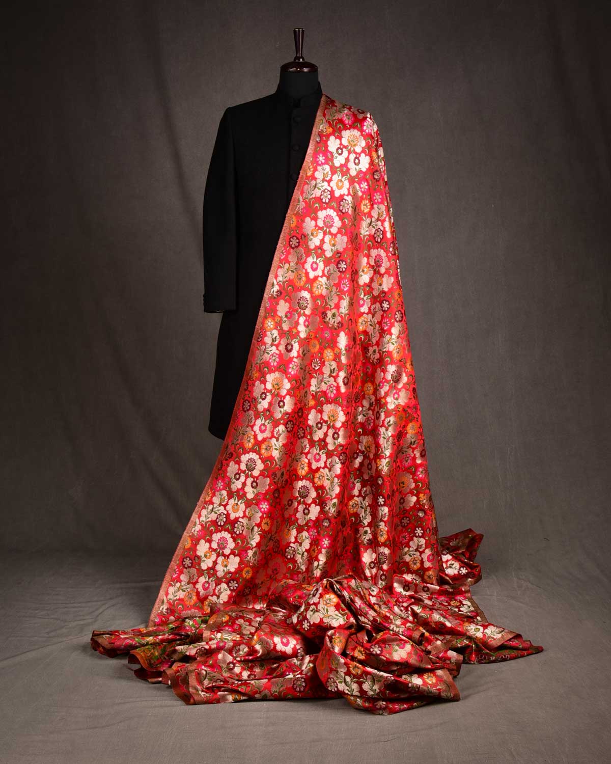 Red Multi-Color Floral Jaal Satin Kimkhwab Brocade Handwoven Viscose Silk Banarasi Fabric-HolyWeaves