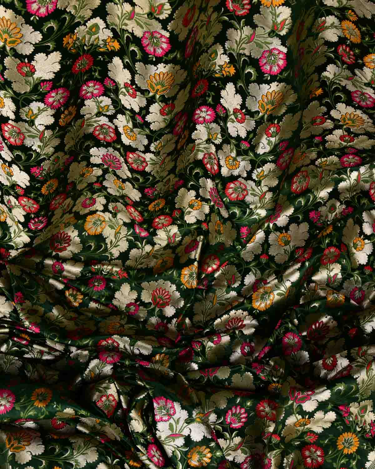 Midnight Green Multi-Color Floral Jaal Satin Kimkhwab Brocade Handwoven Viscose Silk Banarasi Fabric-HolyWeaves