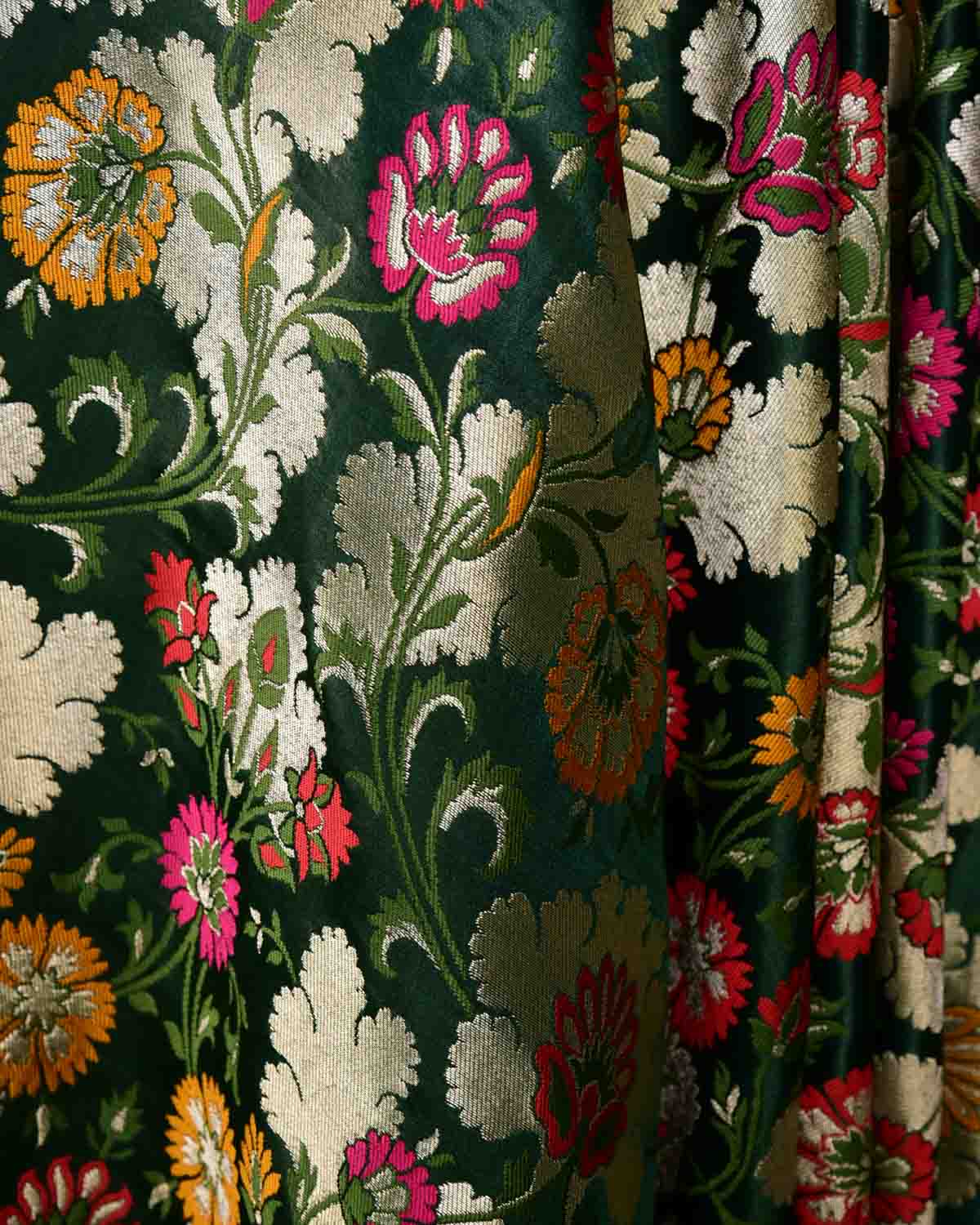 Midnight Green Multi-Color Floral Jaal Satin Kimkhwab Brocade Handwoven Viscose Silk Banarasi Fabric-HolyWeaves