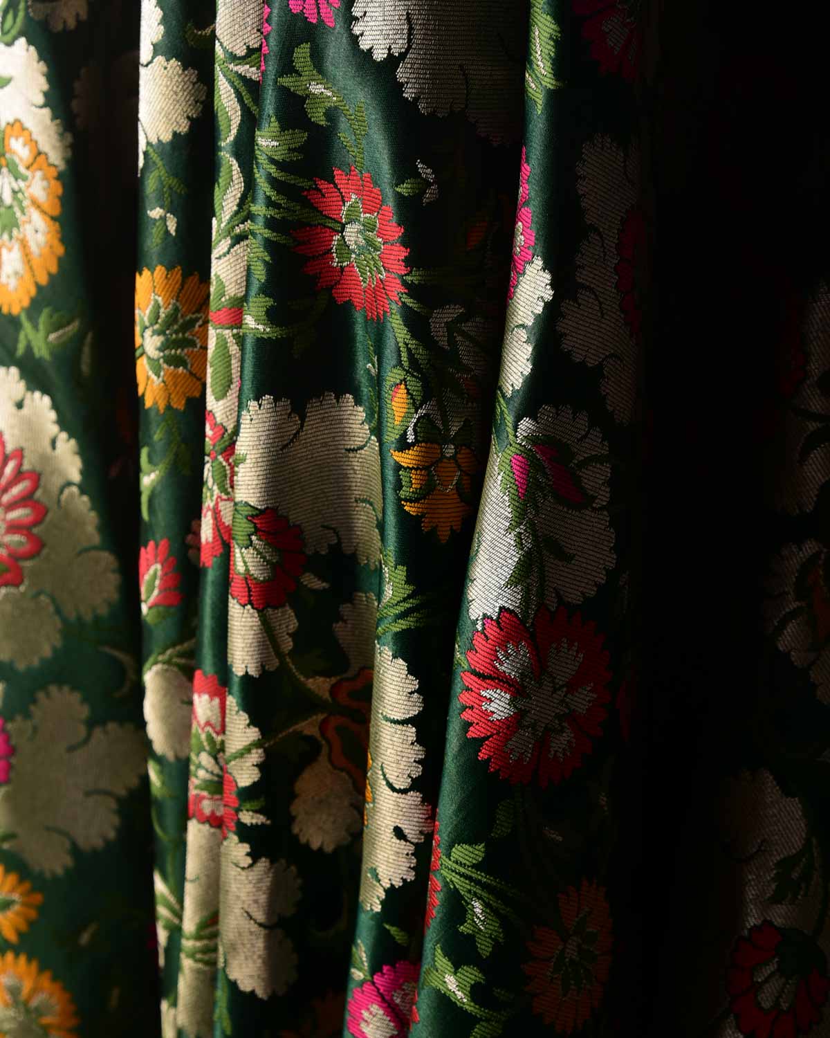 Midnight Green Multi-Color Floral Jaal Satin Kimkhwab Brocade Handwoven Viscose Silk Banarasi Fabric-HolyWeaves
