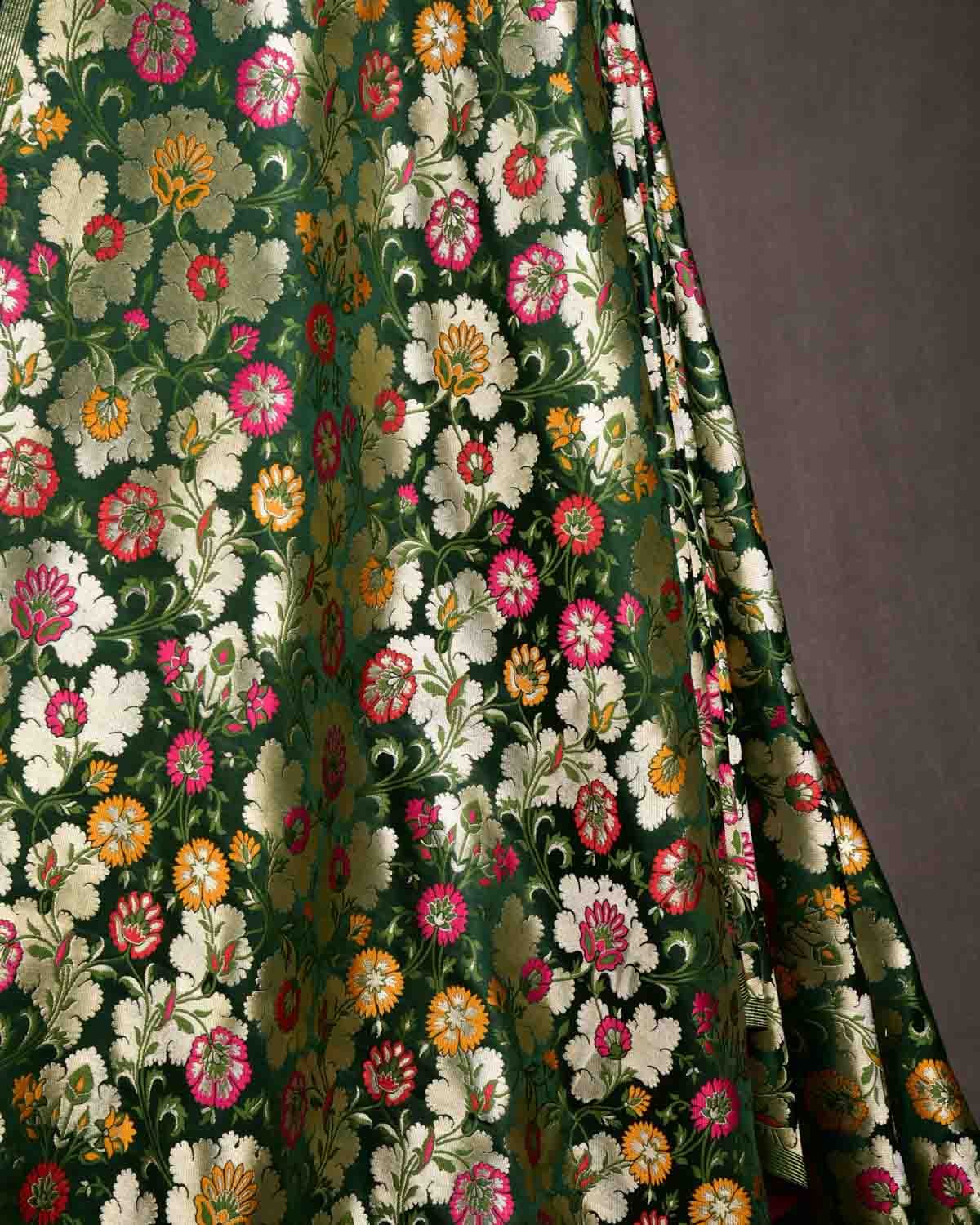 Midnight Green Multi-Color Floral Jaal Satin Kimkhwab Brocade Handwoven Viscose Silk Banarasi Fabric-HolyWeaves