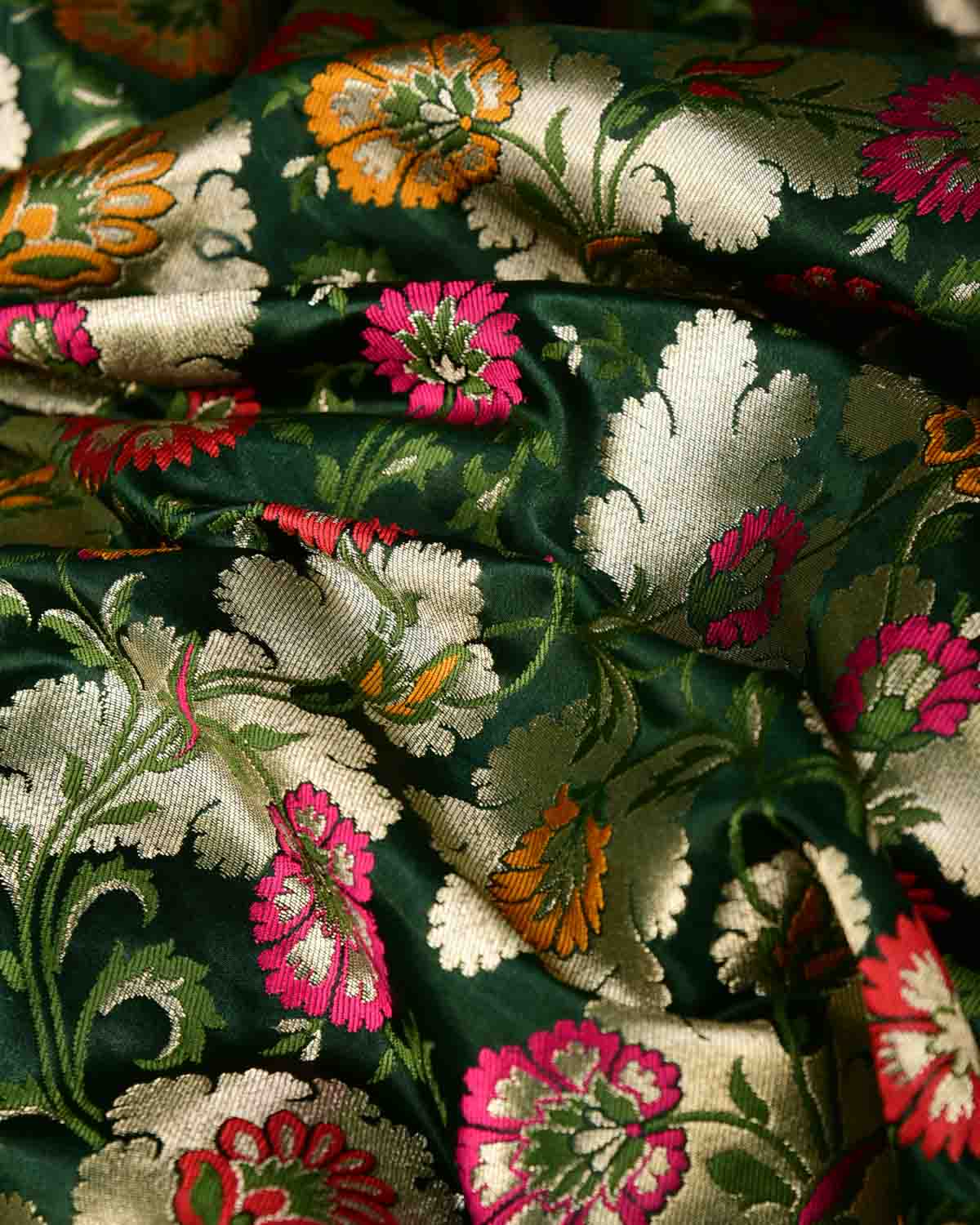 Midnight Green Multi-Color Floral Jaal Satin Kimkhwab Brocade Handwoven Viscose Silk Banarasi Fabric-HolyWeaves