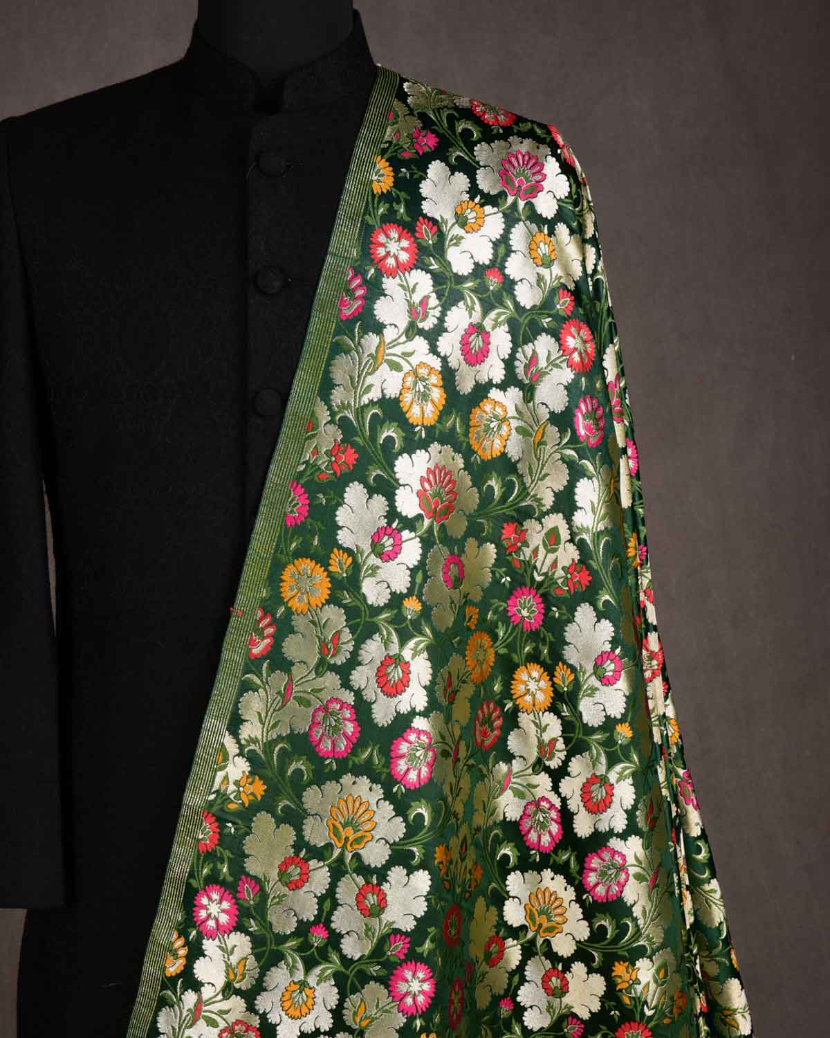 Midnight Green Multi-Color Floral Jaal Satin Kimkhwab Brocade Handwoven Viscose Silk Banarasi Fabric-HolyWeaves