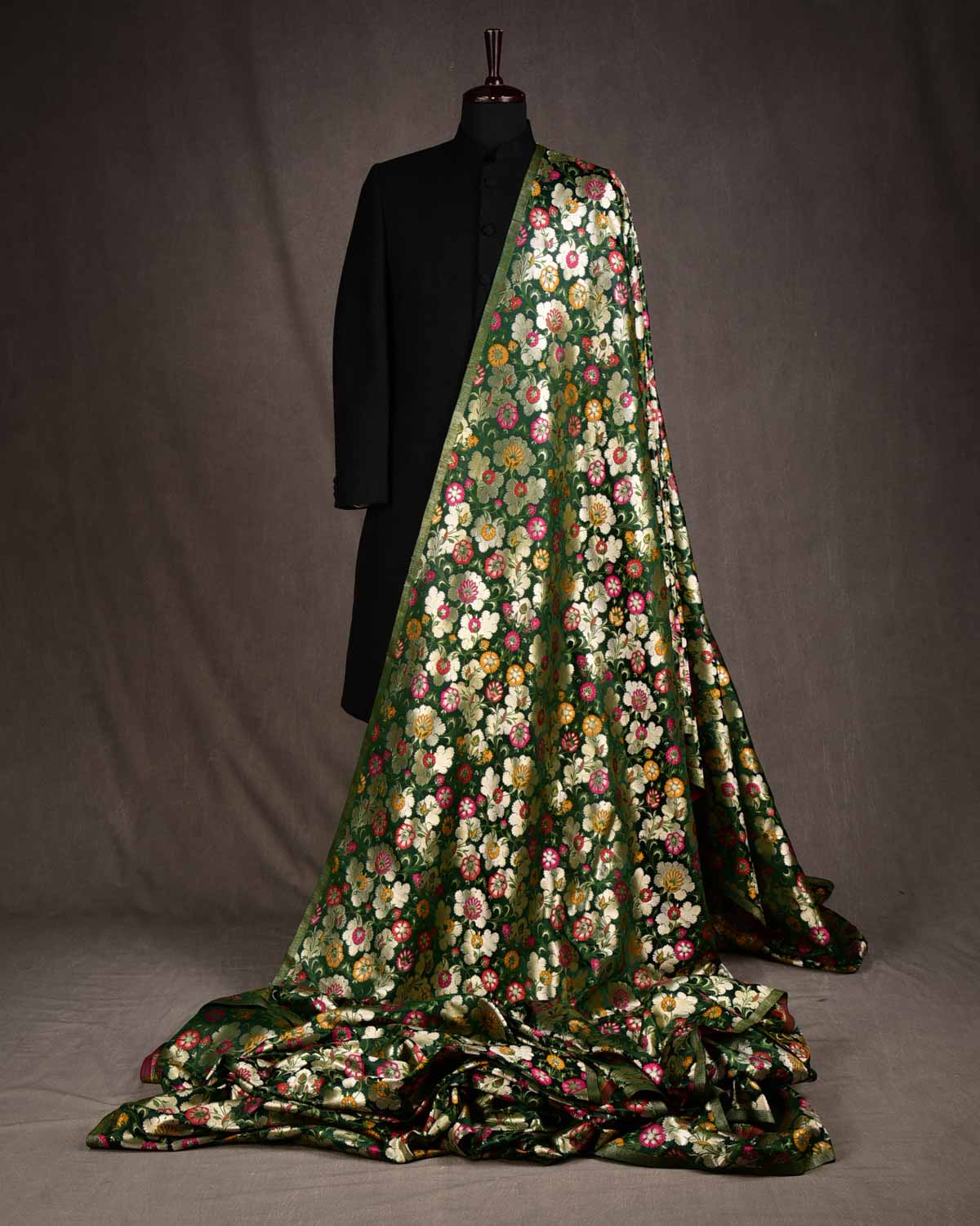 Midnight Green Multi-Color Floral Jaal Satin Kimkhwab Brocade Handwoven Viscose Silk Banarasi Fabric-HolyWeaves