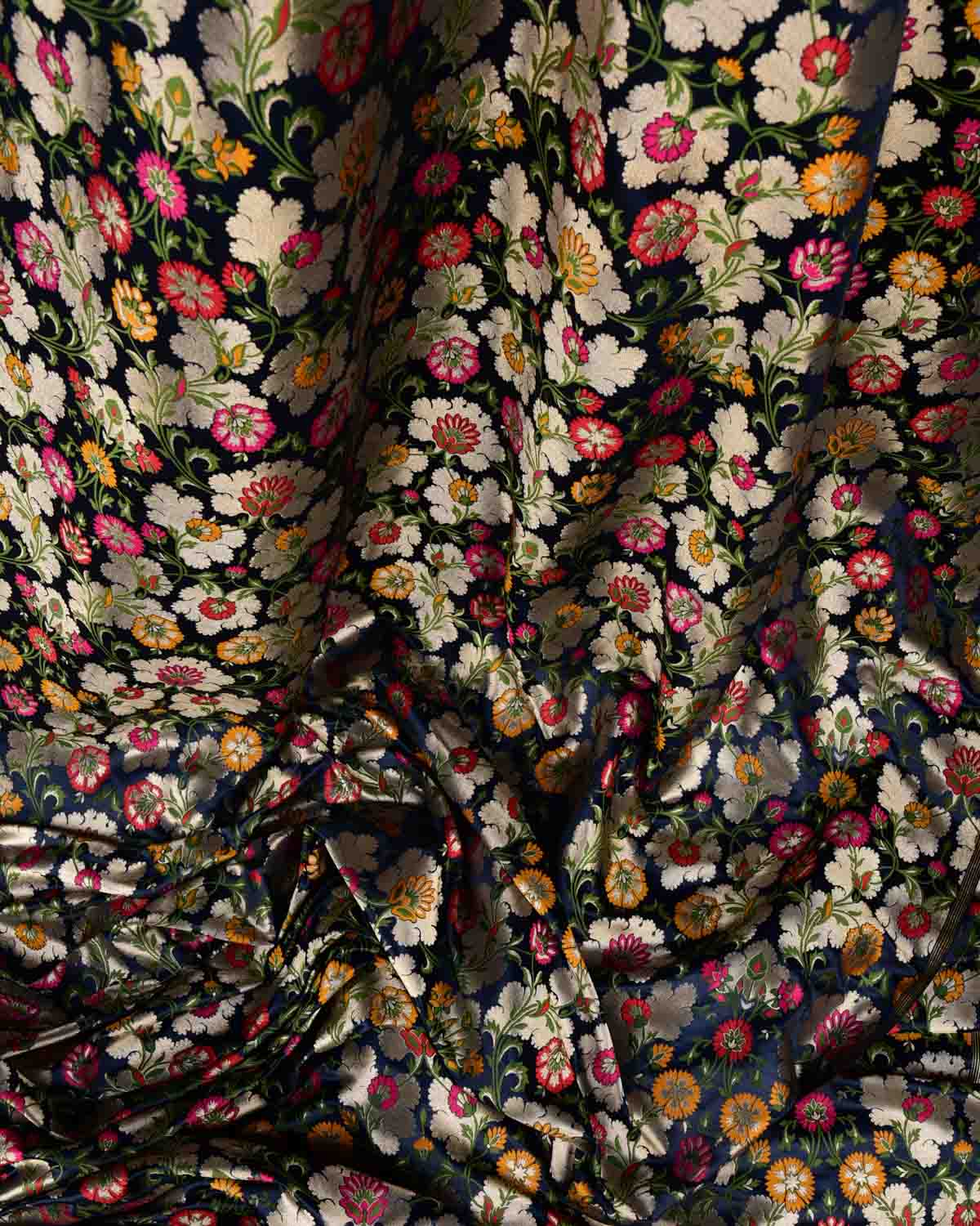 Navy Blue Multi-Color Floral Jaal Satin Kimkhwab Brocade Handwoven Viscose Silk Banarasi Fabric-HolyWeaves