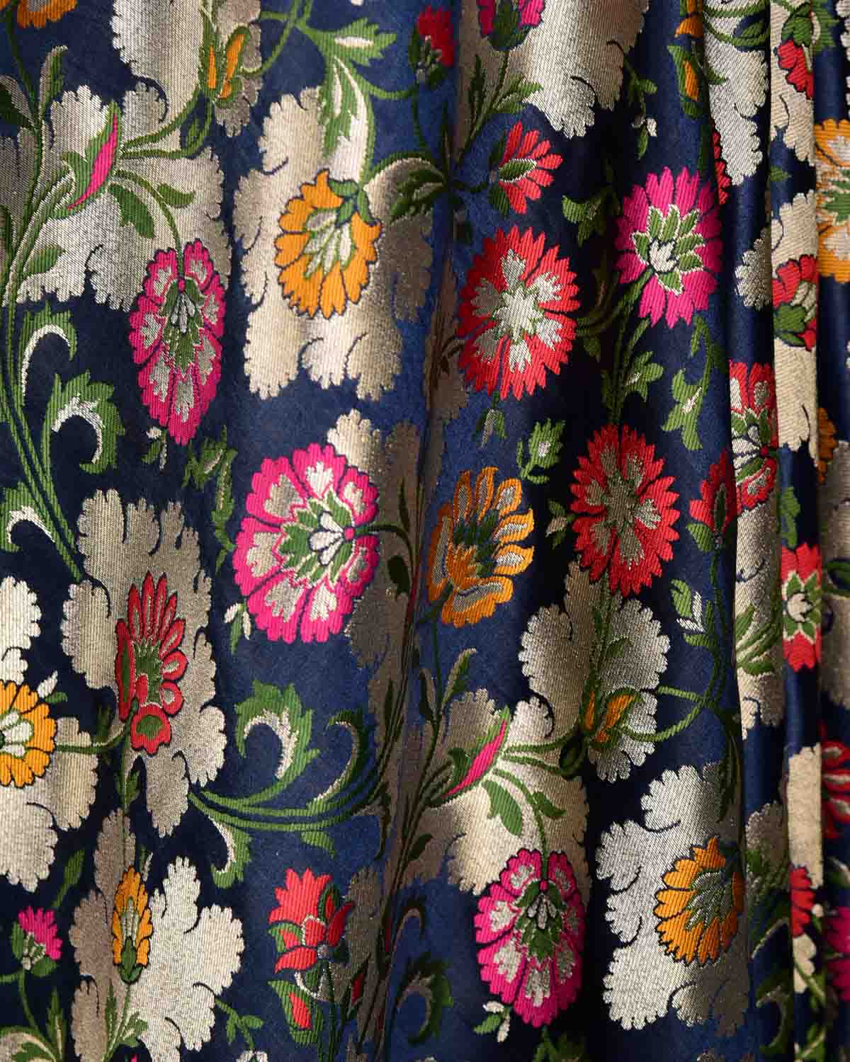 Navy Blue Multi-Color Floral Jaal Satin Kimkhwab Brocade Handwoven Viscose Silk Banarasi Fabric-HolyWeaves
