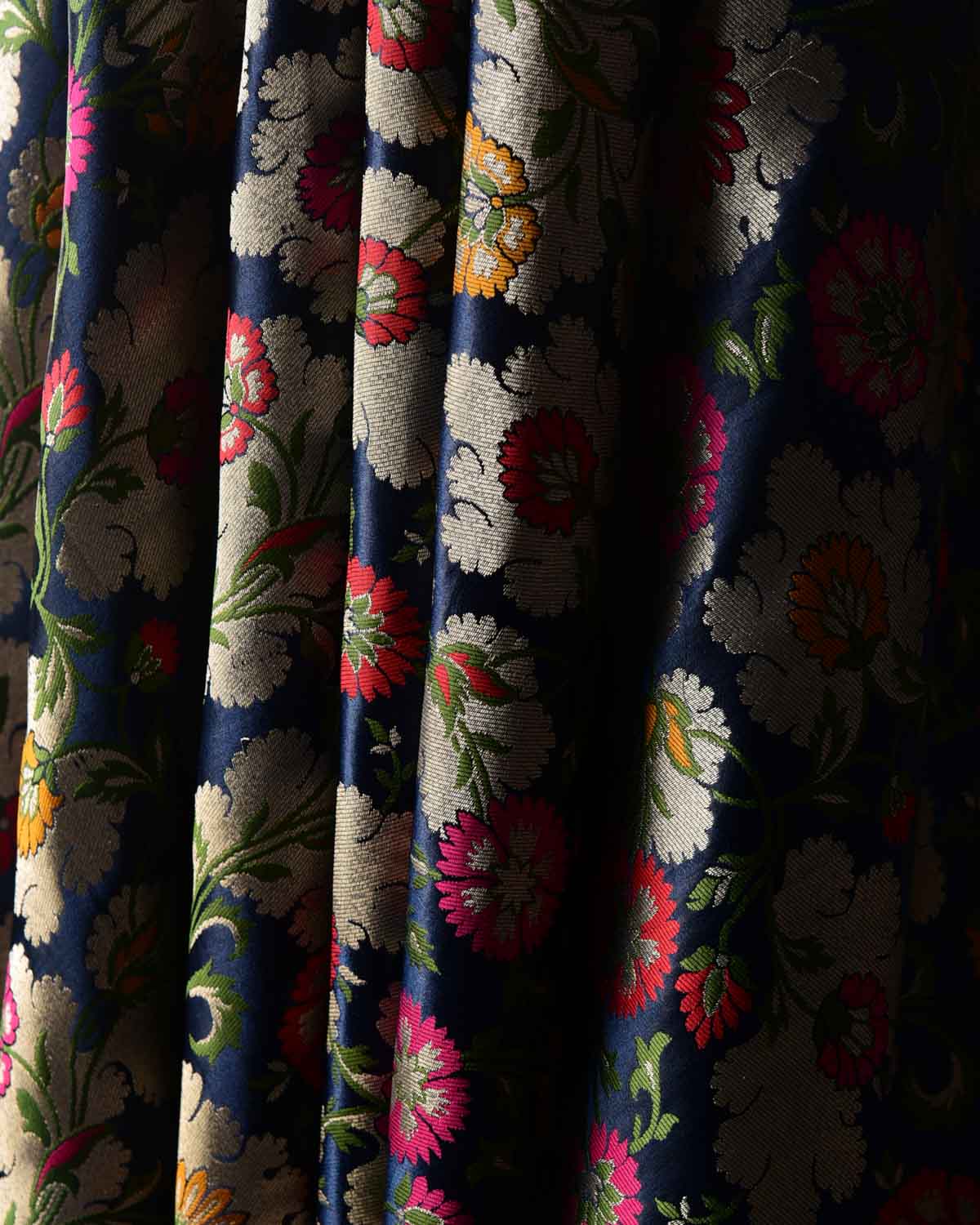 Navy Blue Multi-Color Floral Jaal Satin Kimkhwab Brocade Handwoven Viscose Silk Banarasi Fabric-HolyWeaves