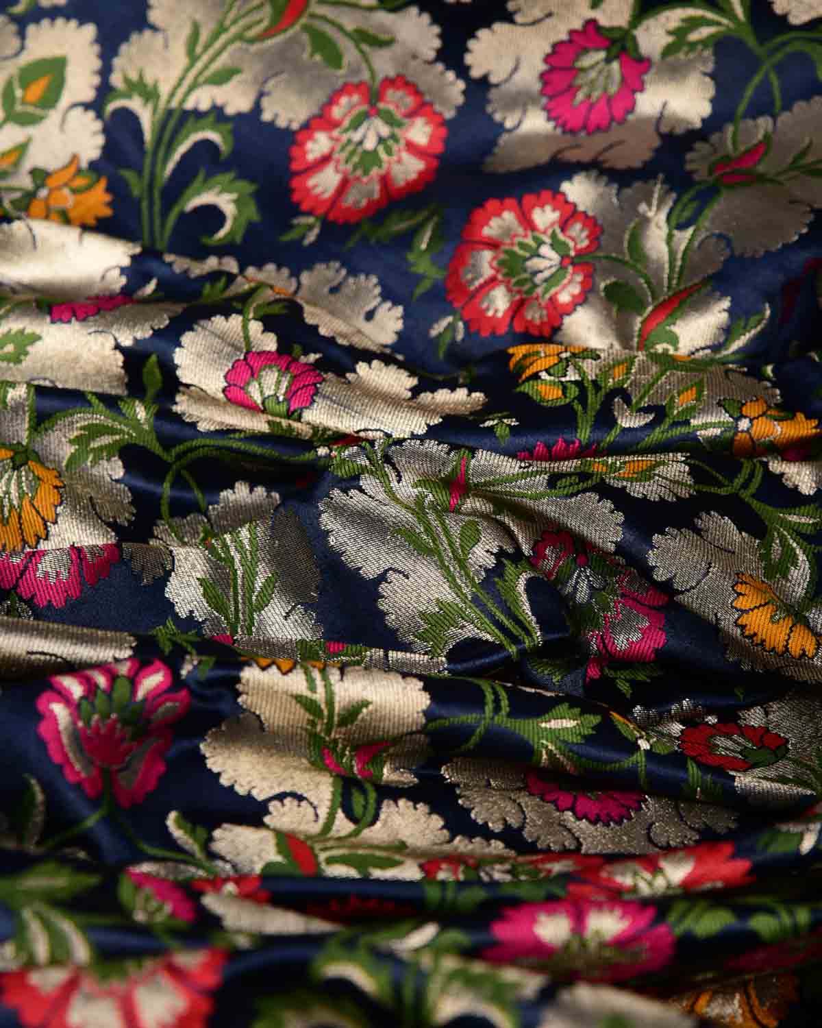 Navy Blue Multi-Color Floral Jaal Satin Kimkhwab Brocade Handwoven Viscose Silk Banarasi Fabric-HolyWeaves