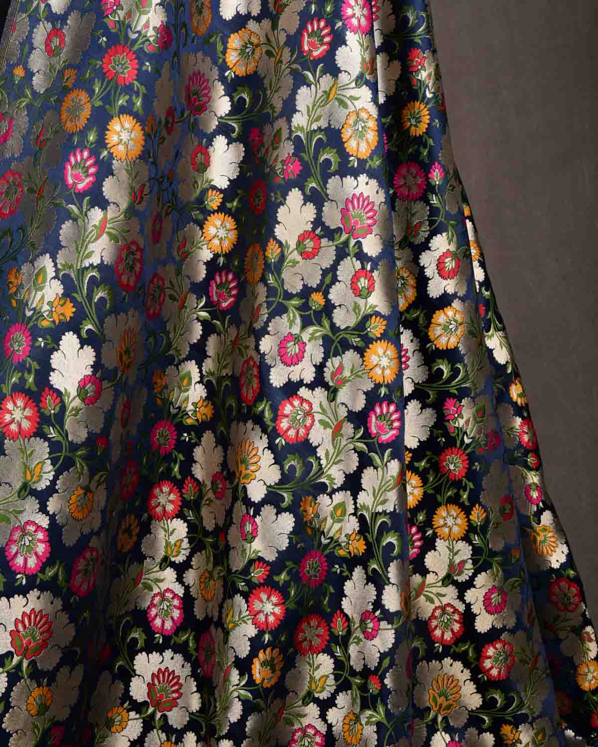 Navy Blue Multi-Color Floral Jaal Satin Kimkhwab Brocade Handwoven Viscose Silk Banarasi Fabric-HolyWeaves